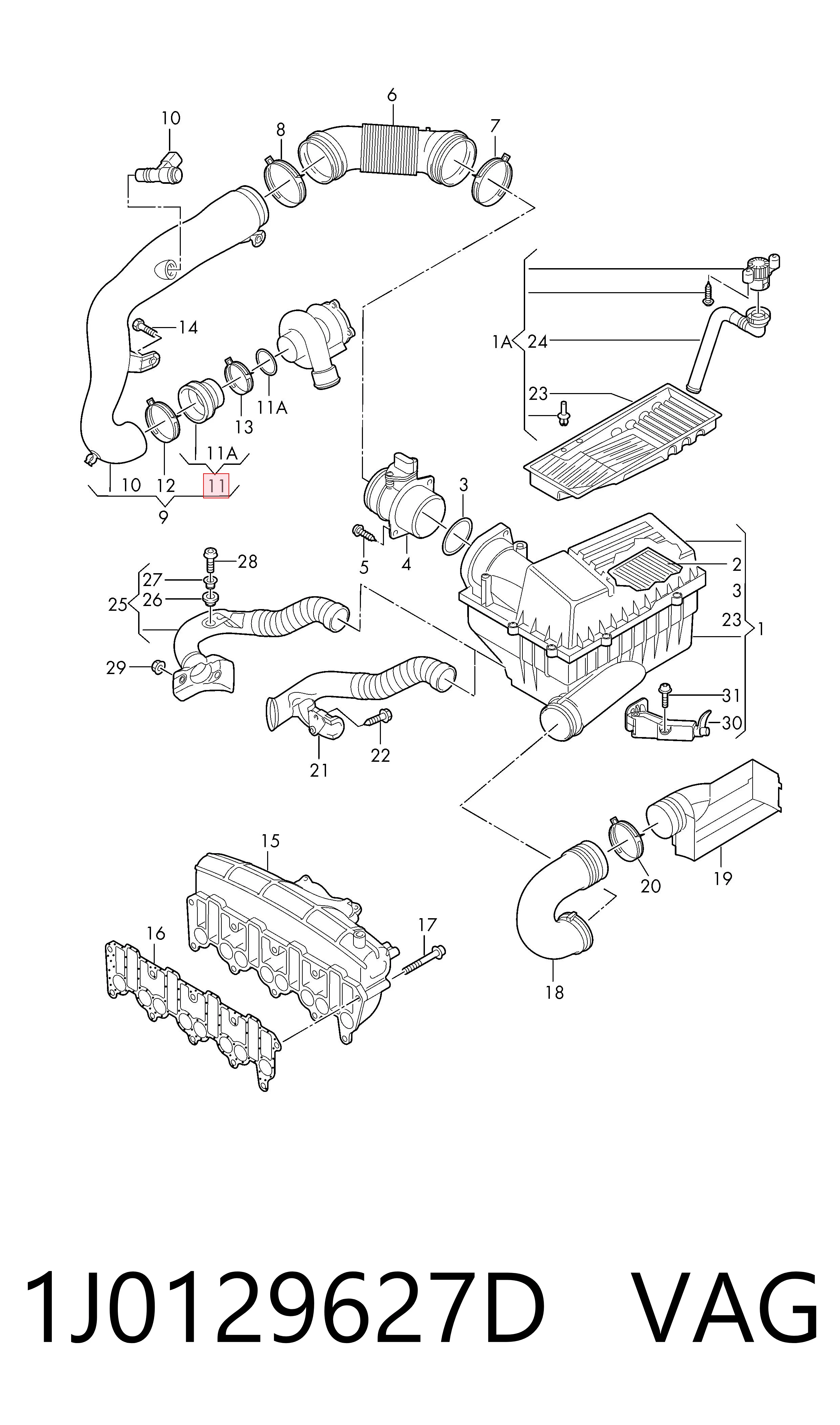 1J0129627D VAG Conducto de aire, salida del filtro de aire