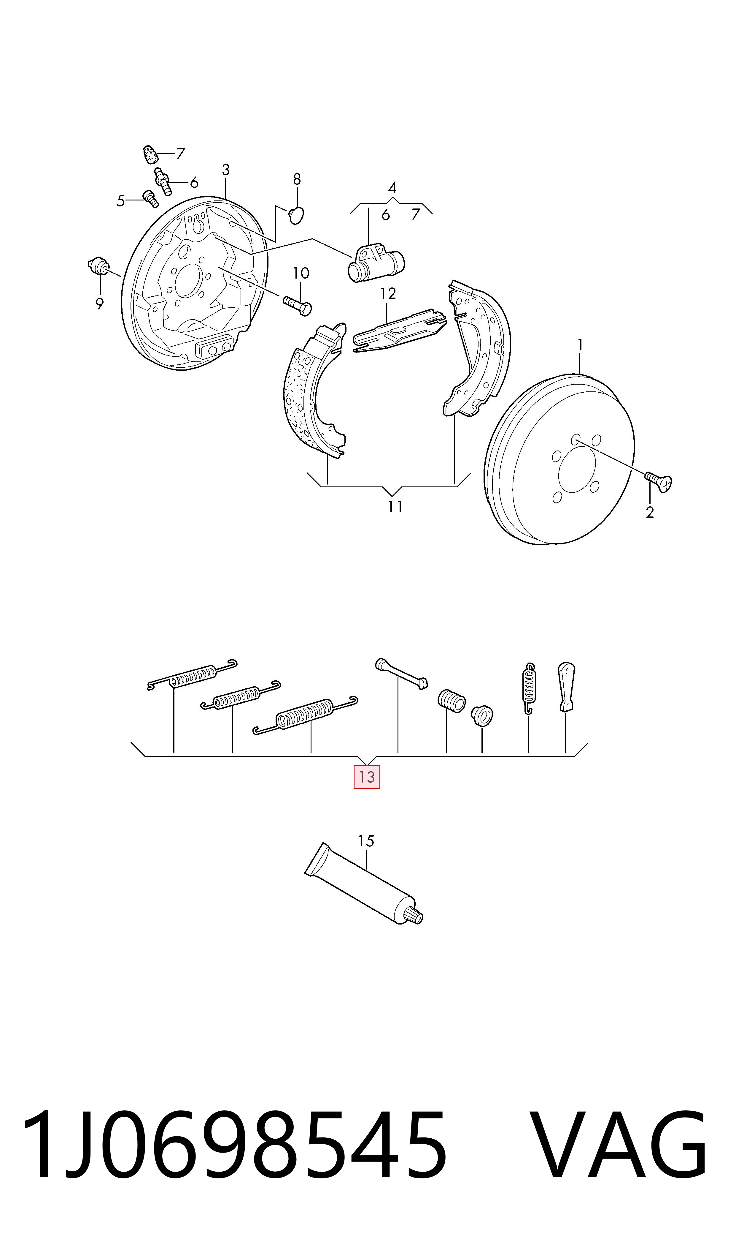 1J0698545 VAG Kit de montaje de zapatas de freno traseras