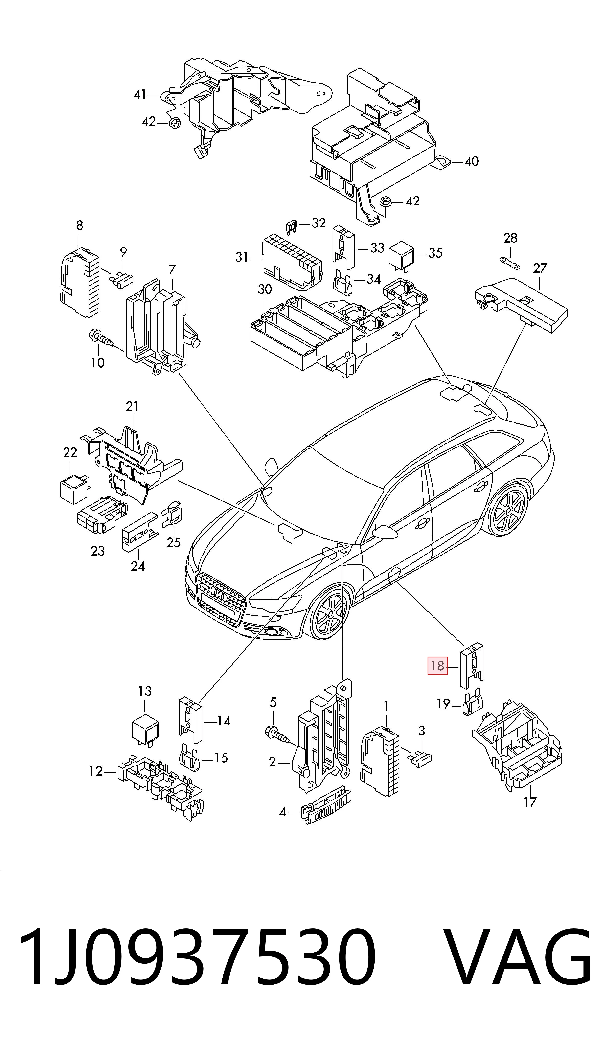 1J0937530 VAG Caja de fusibles trasera interior