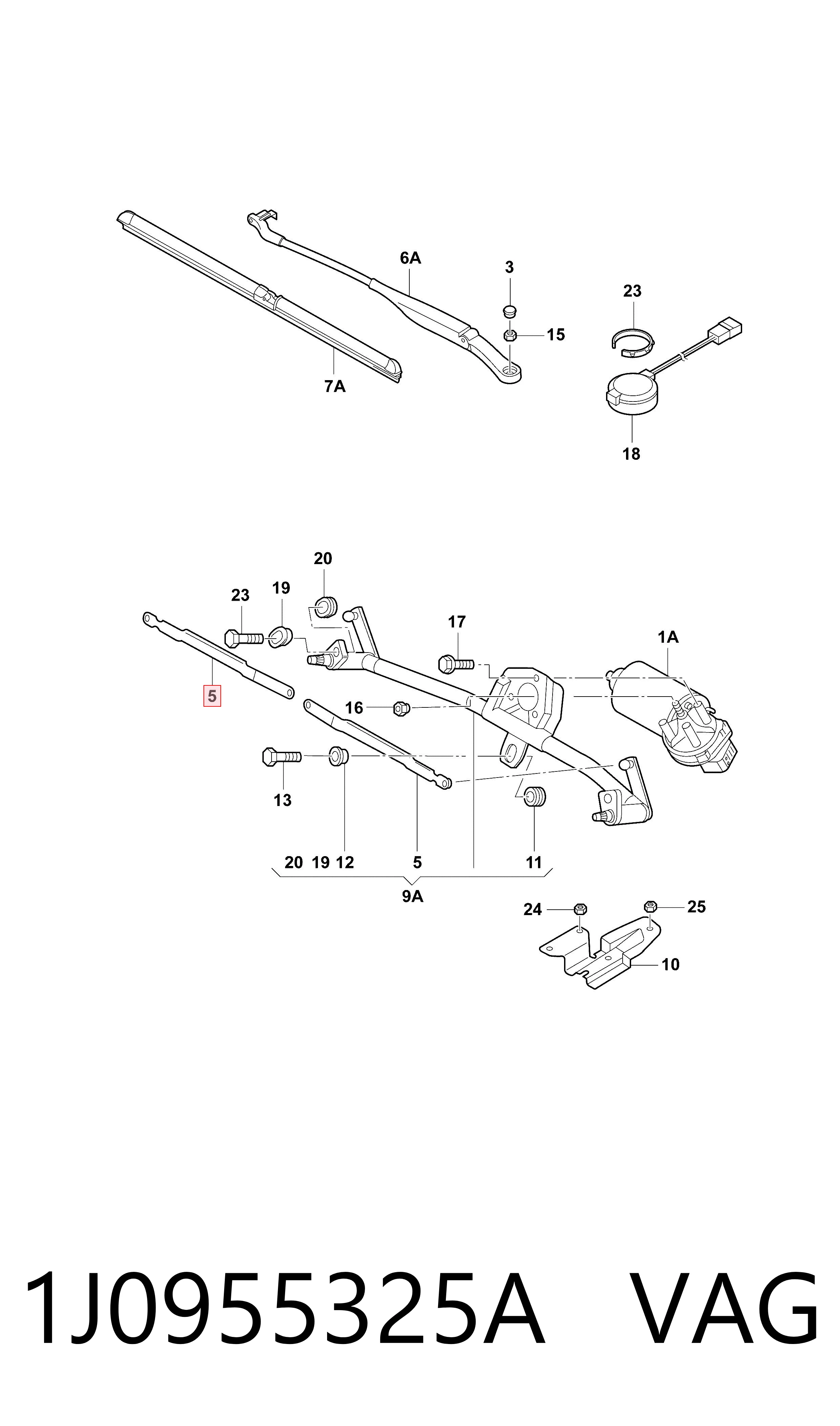 1J0955325A VAG Biela izquierda de la transmisión del limpiaparabrisas