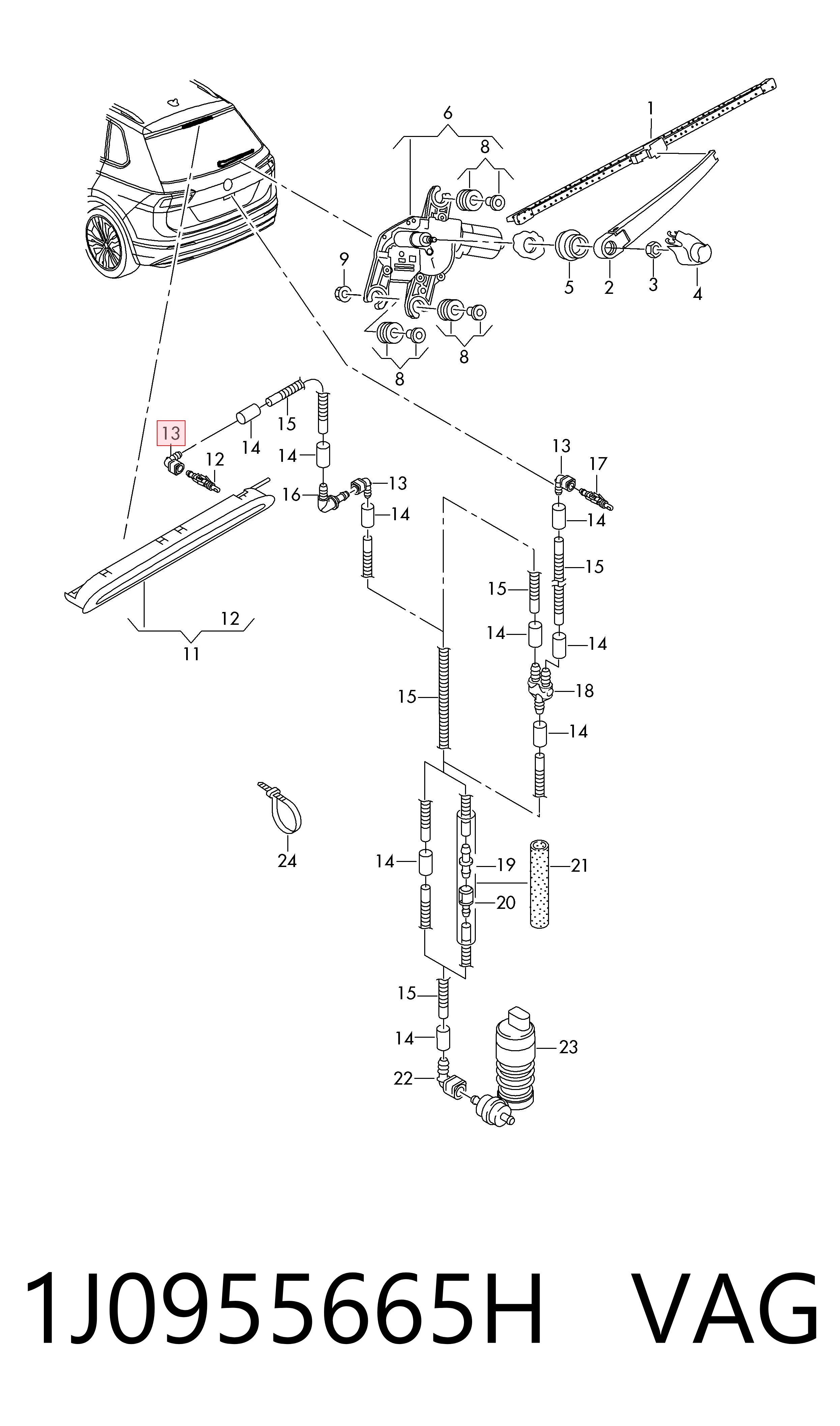 1J0955665H VAG Conector de tubos del lavaparabrisas