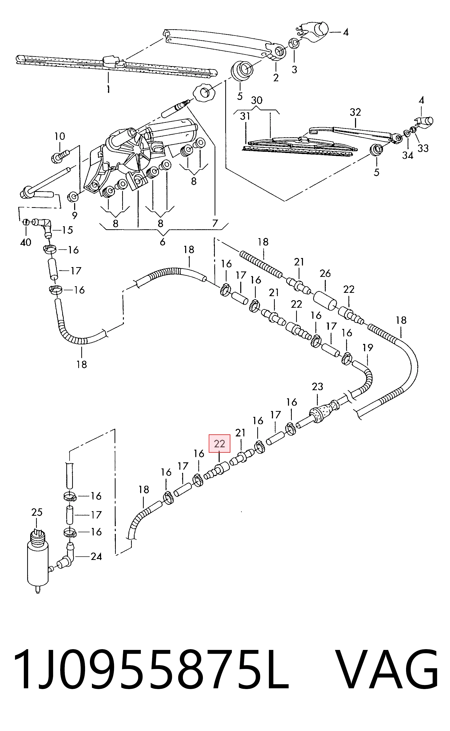 1J0955875L VAG Conector de tubos del lavaparabrisas