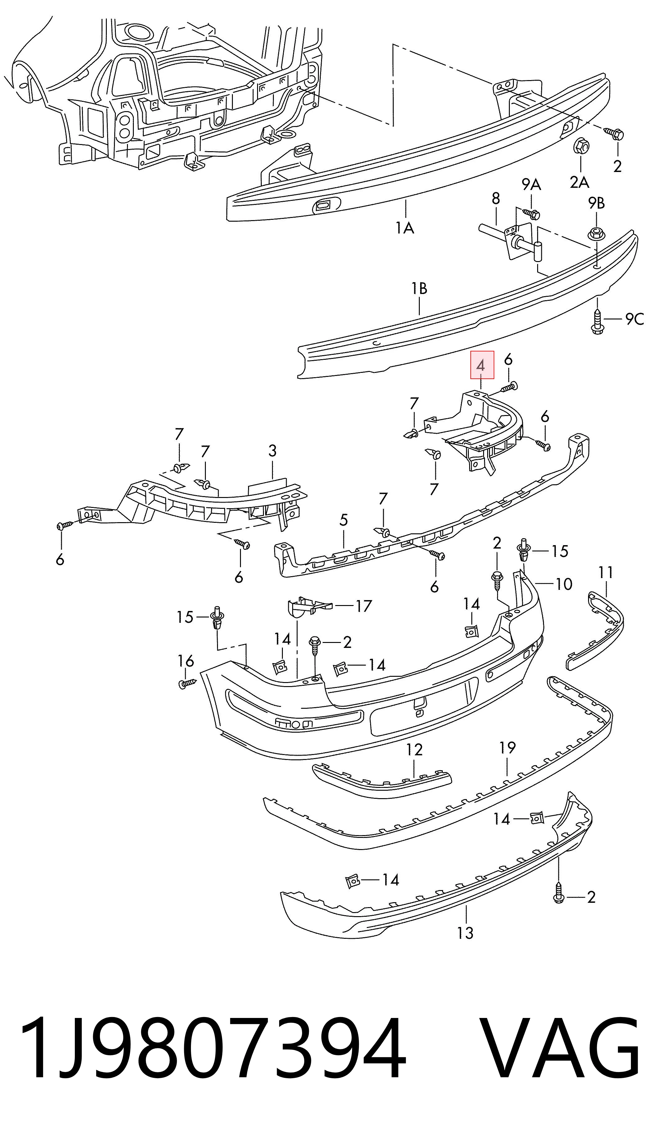 1J9807394 VAG Soporte del paragolpes trasero derecho