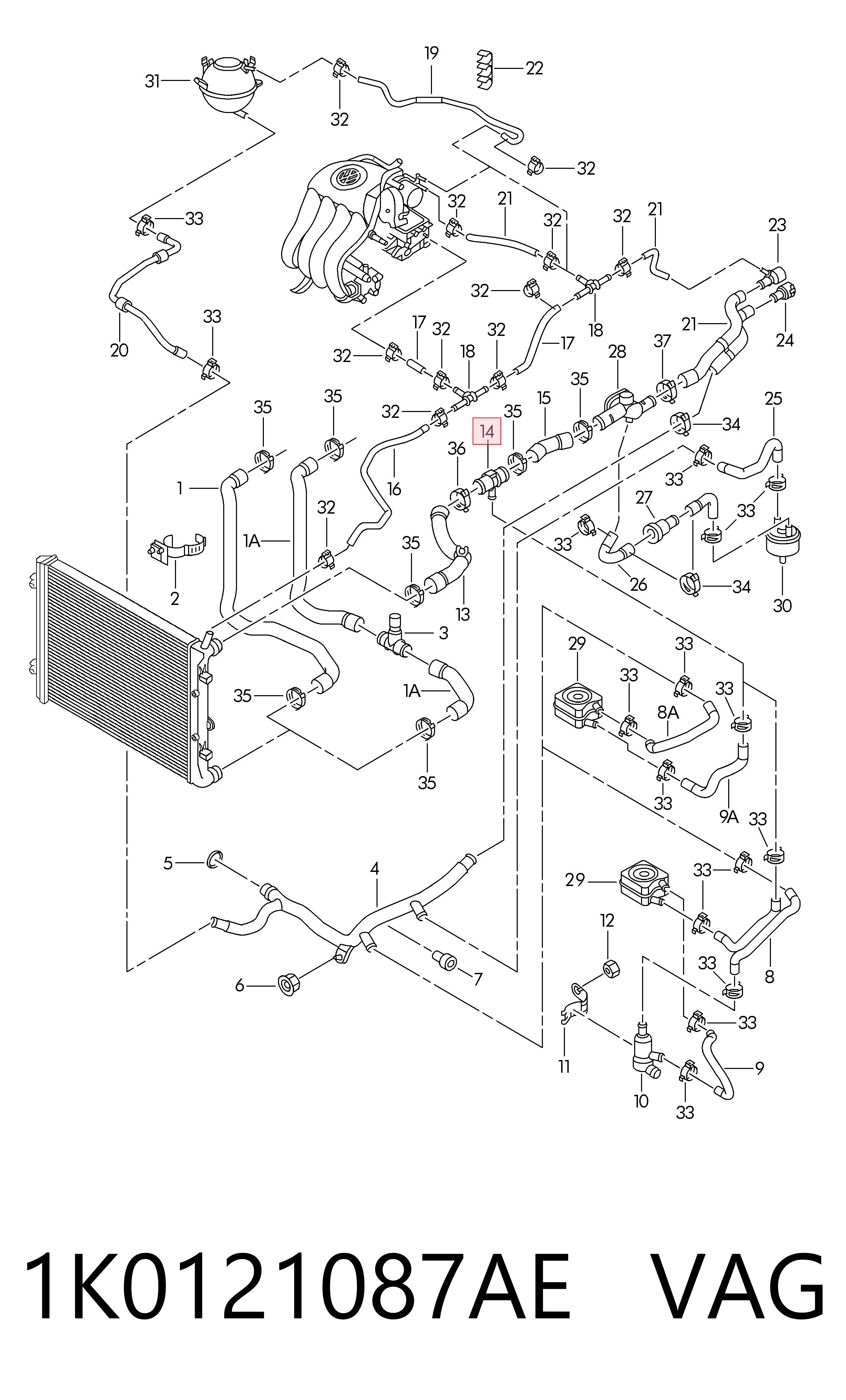 1K0121087AE VAG Brida del sistema de refrigeración (triple unión)