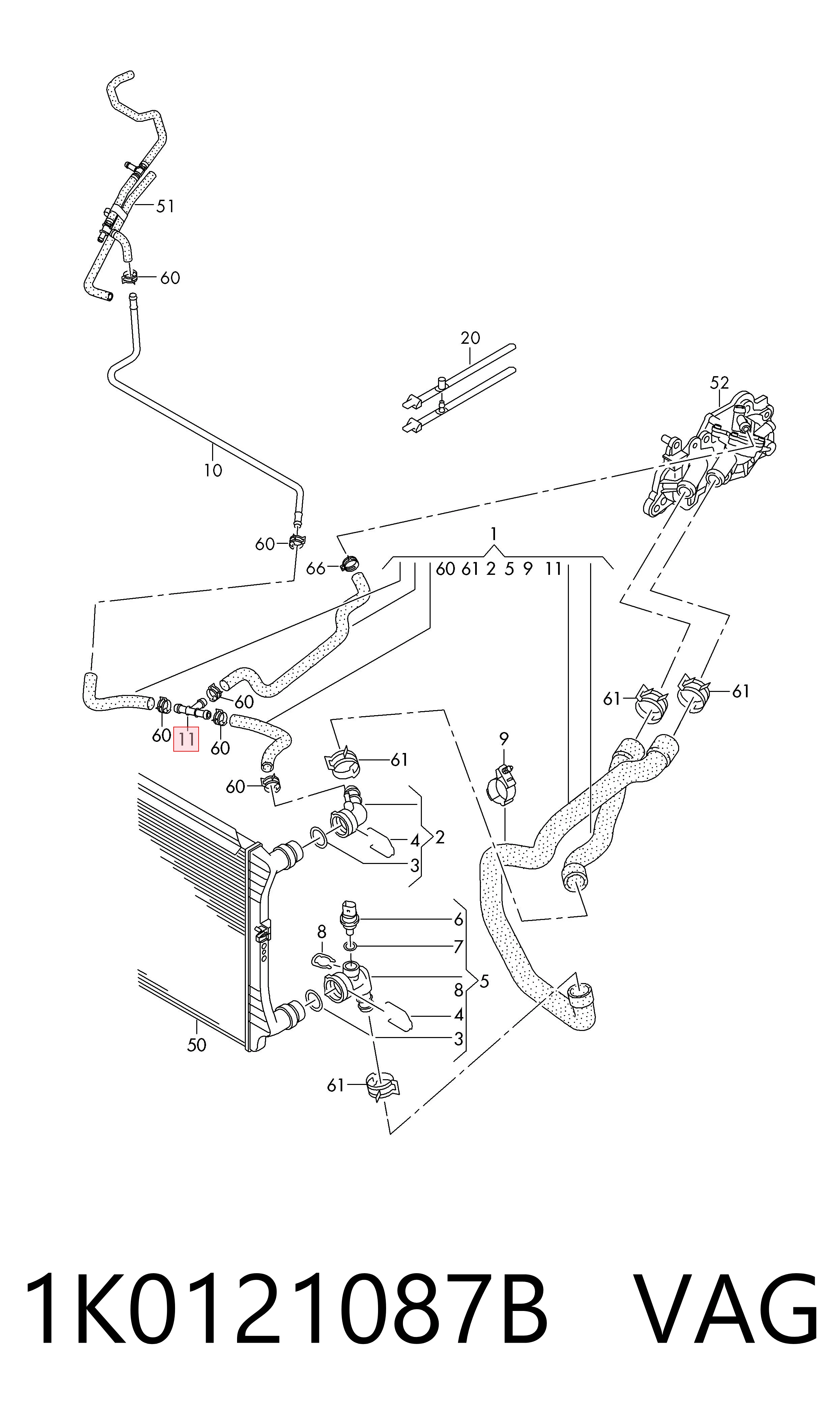 1K0121087B VAG Brida del sistema de refrigeración (triple unión)