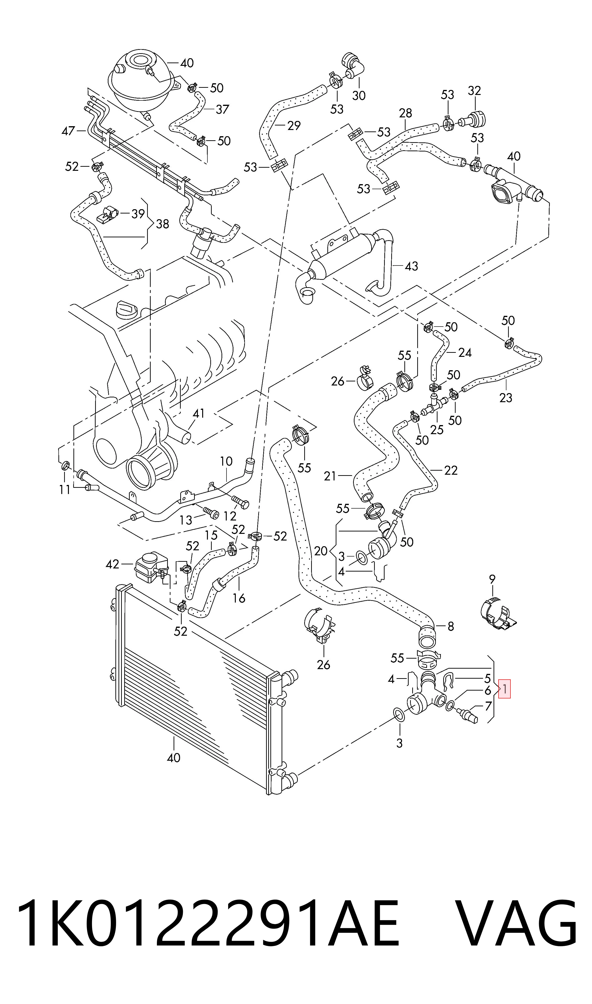1K0122291AE VAG Brida del sistema de refrigeración (triple unión)