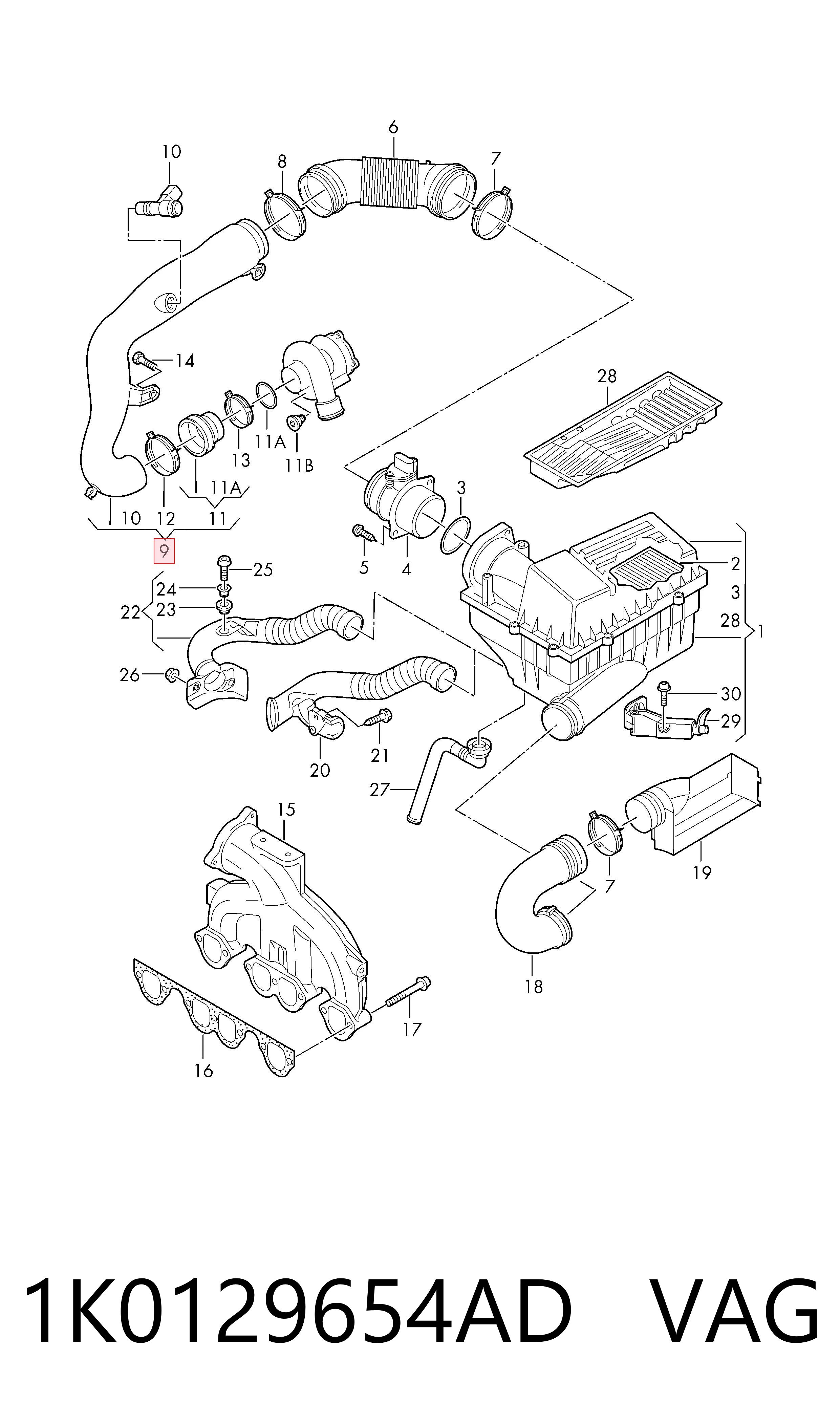 1K0129654AD VAG Tubo de admisión de aire al turbocompresor