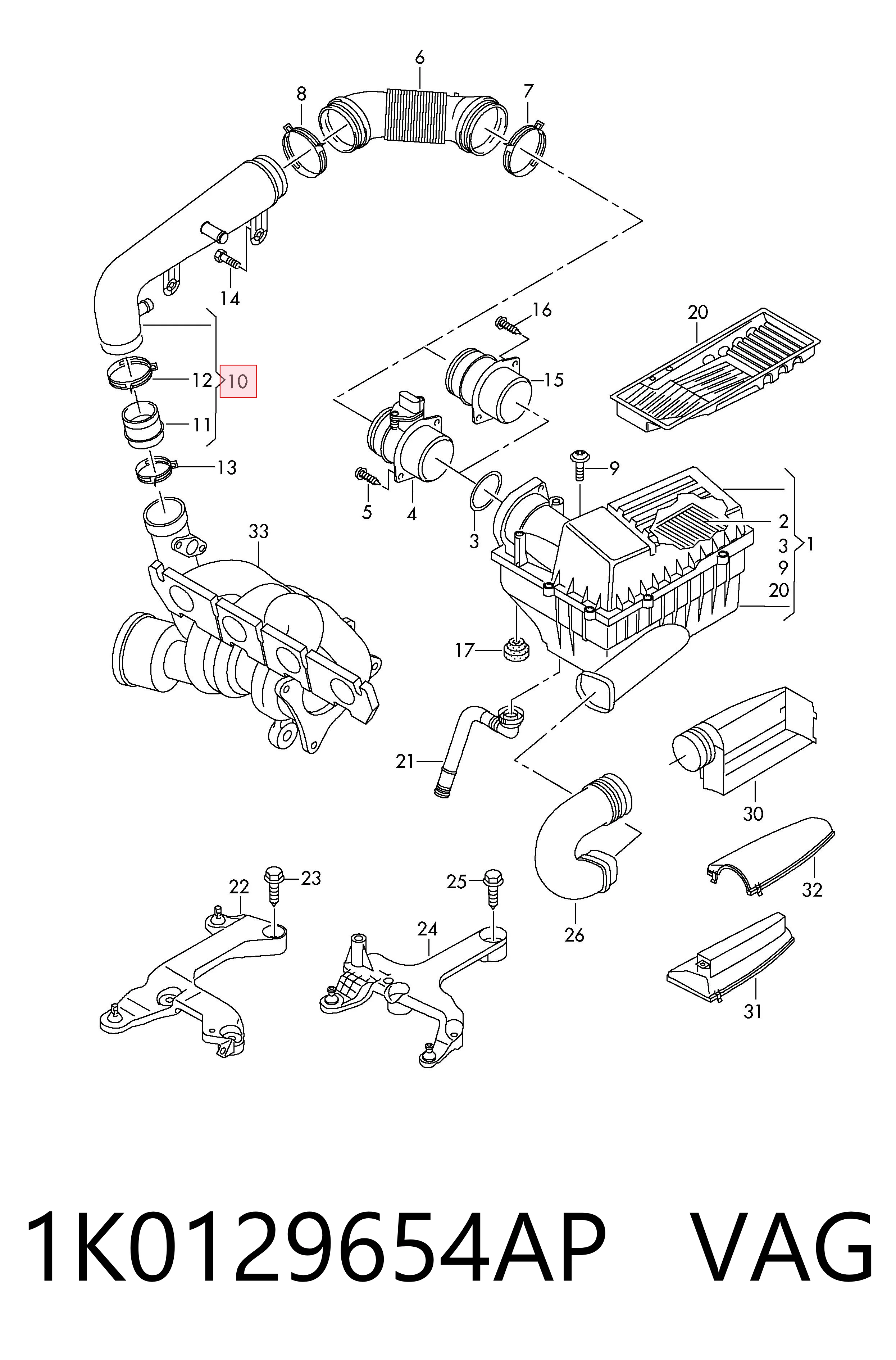 1K0129654AP VAG Tubo de admisión de aire al turbocompresor