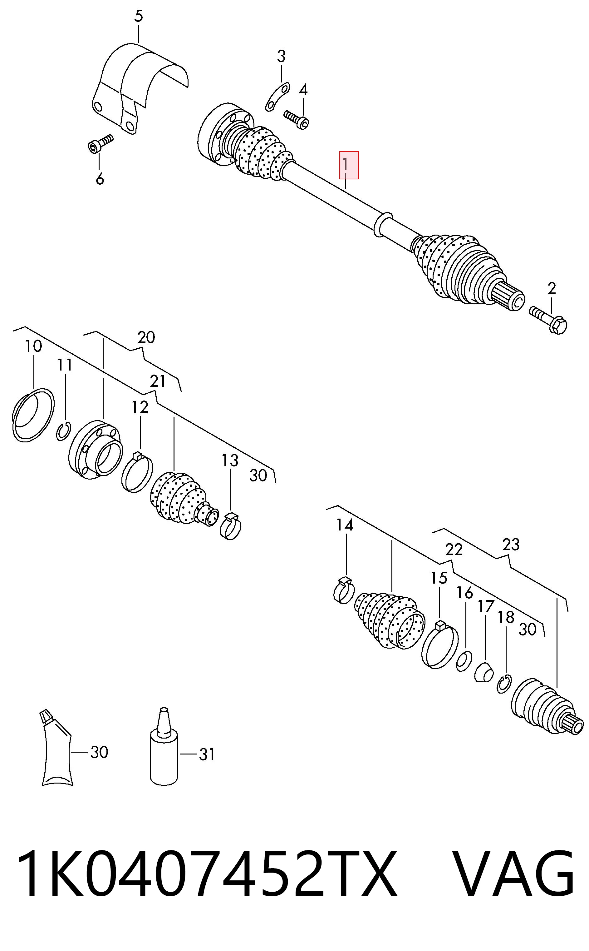 1K0407452TX VAG Semieje delantero derecho