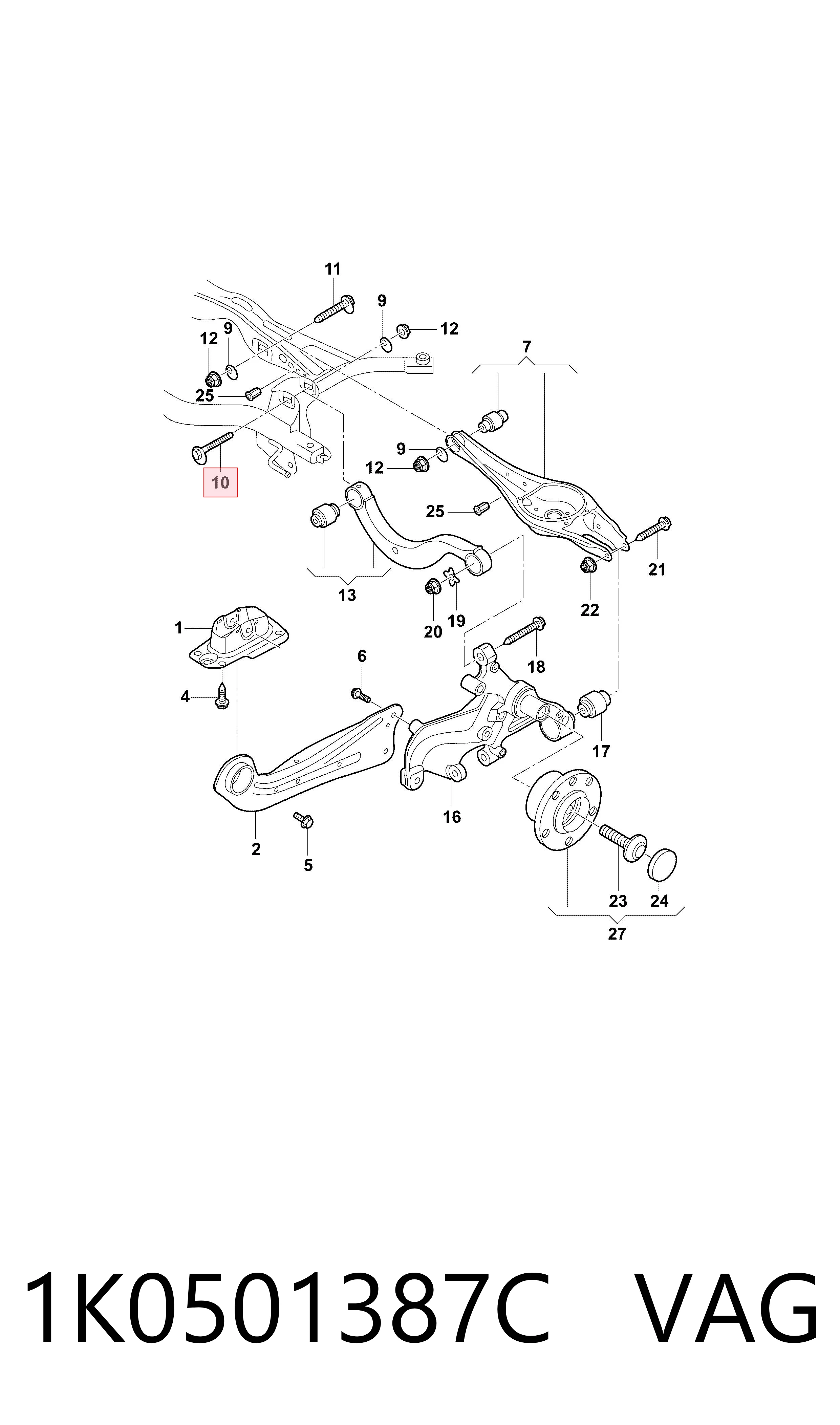 Perno de fijación interior del brazo oscilante superior trasero 1K0501387C VAG