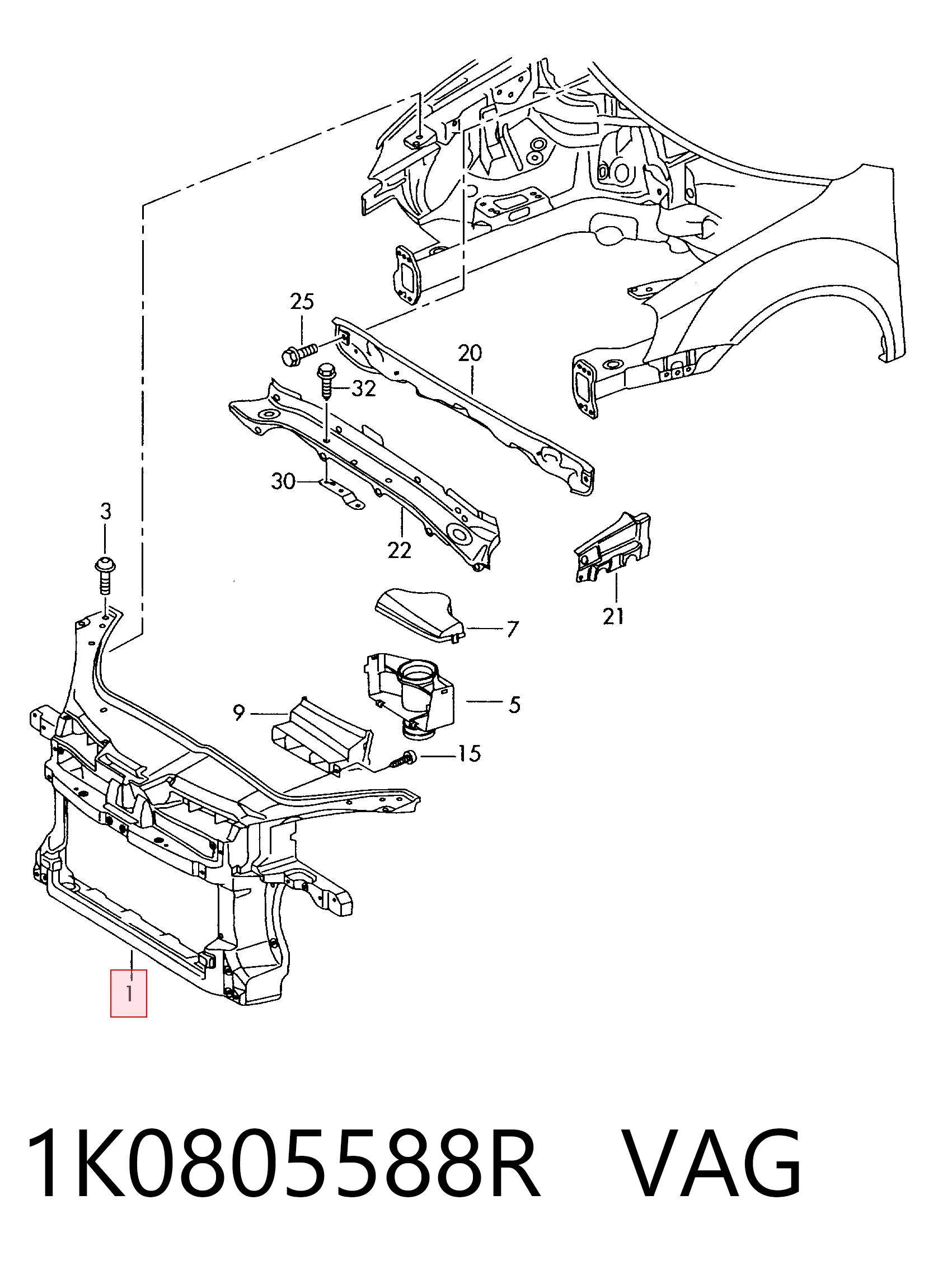 1K0805588R VAG Soporte de radiador completo (panel de montaje para foco)