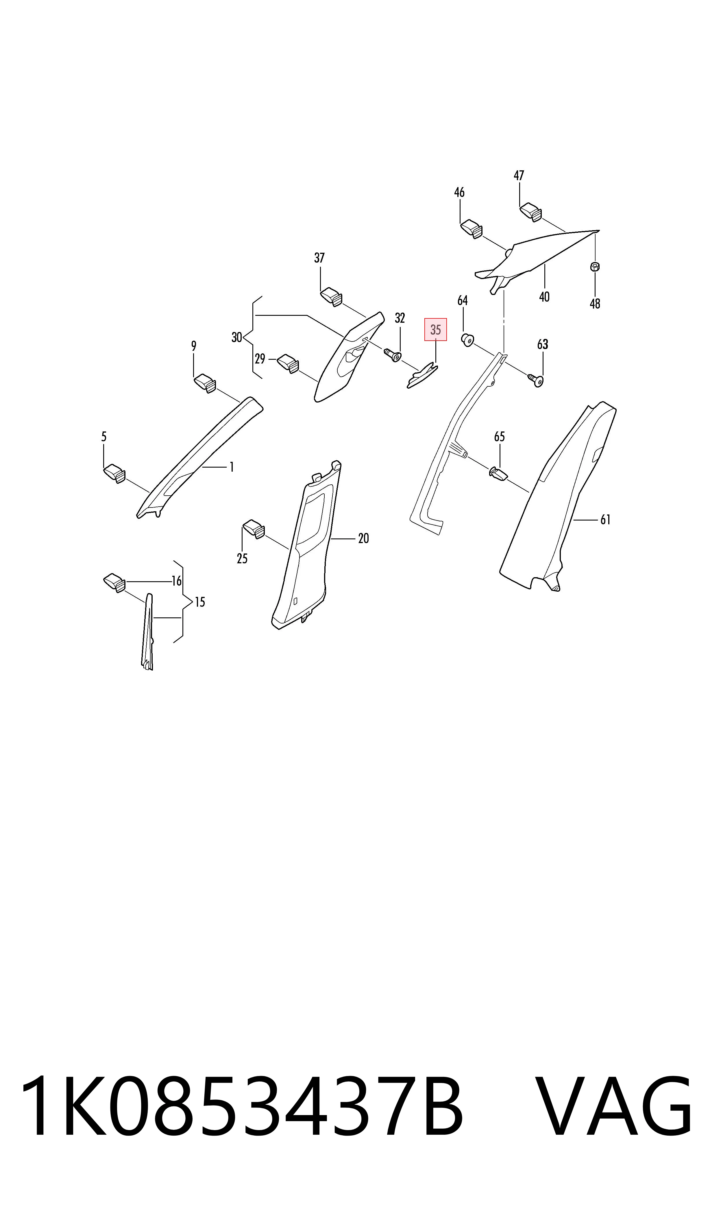 Tapa de la moldura del pilar delantero del airbag 1K0853437B VAG