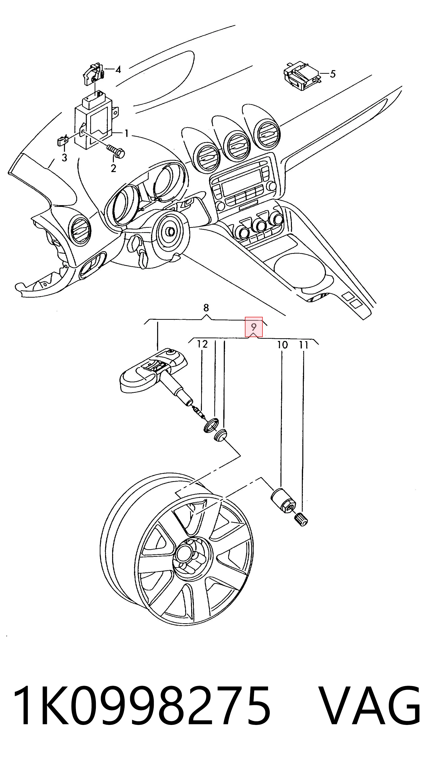 1K0998275 VAG Soporte del sensor de presión de neumáticos
