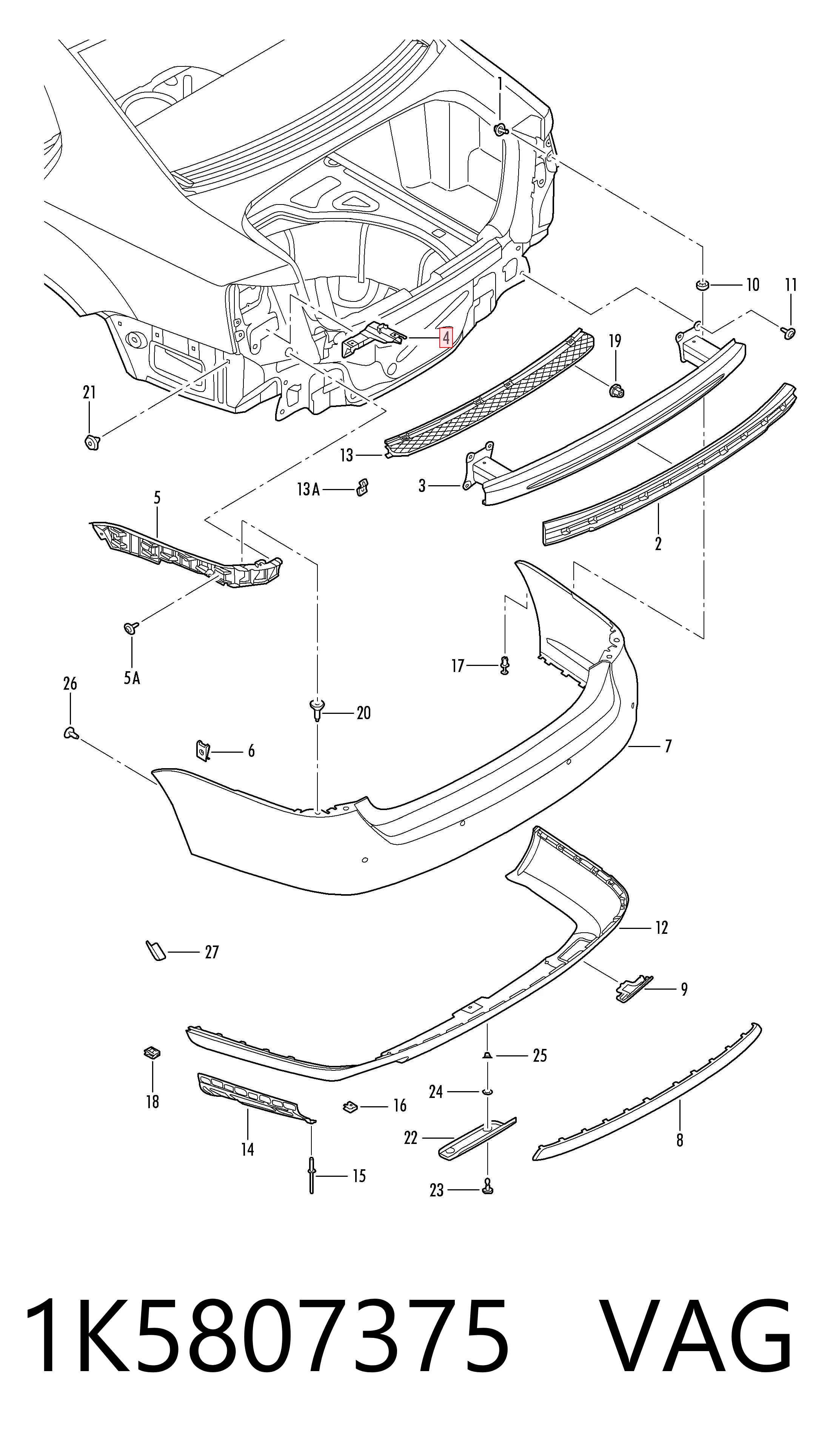 1K5807375 VAG Soporte de paragolpes trasero izquierdo