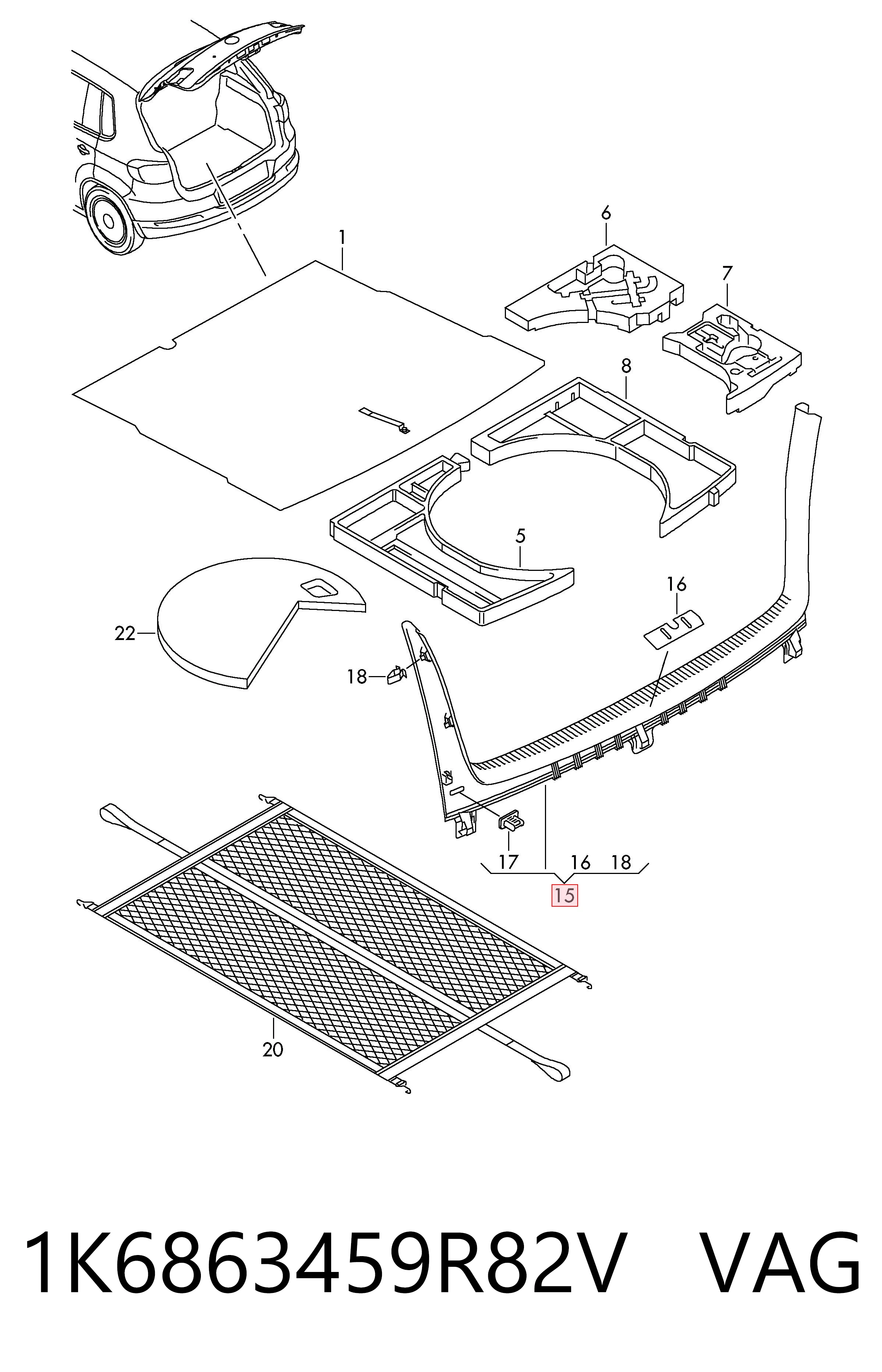 1K6863459R82V VAG Revestimiento de panel trasero del maletero