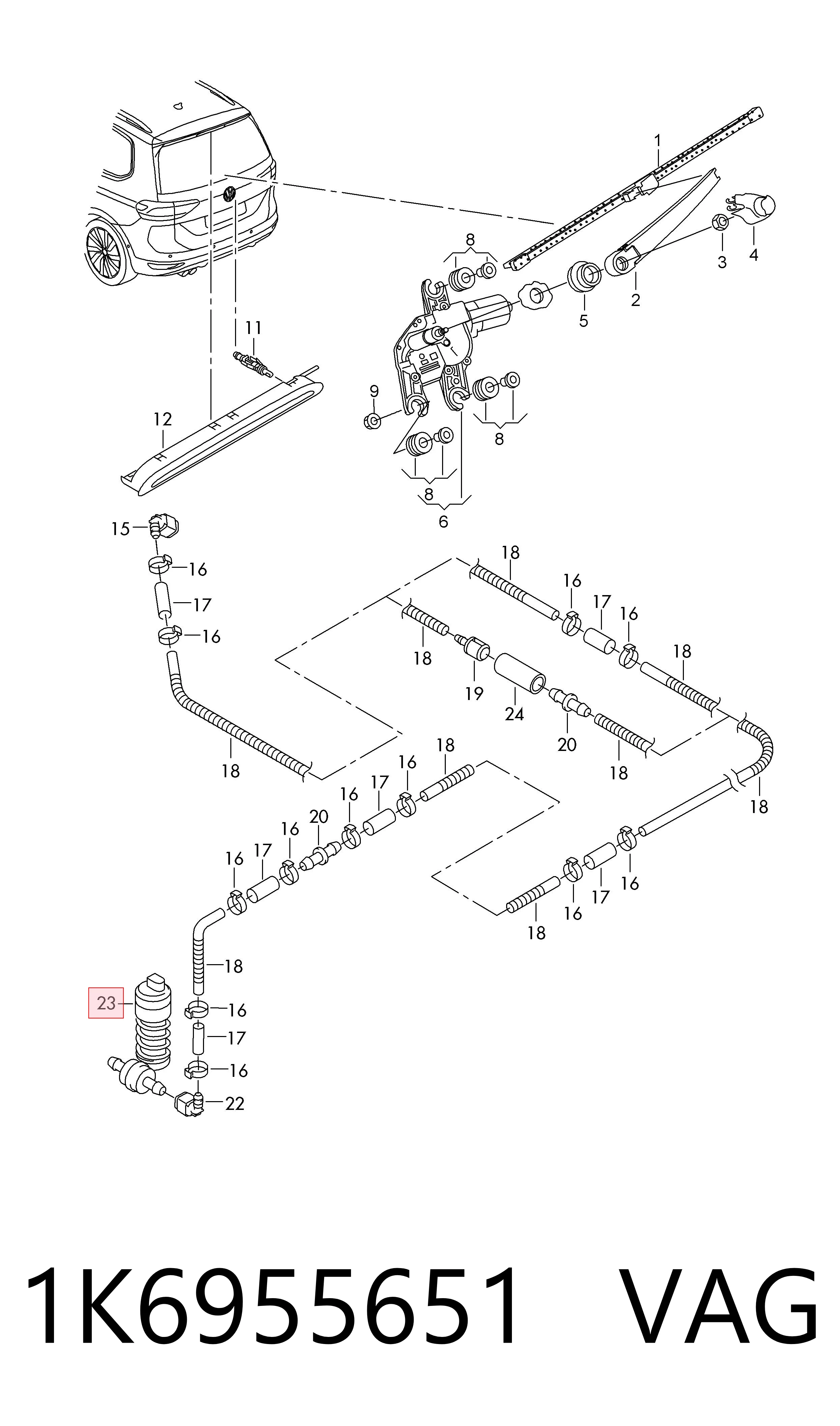 Bomba-motor de limpiaparabrisas delantero/trasero 1K6955651 VAG