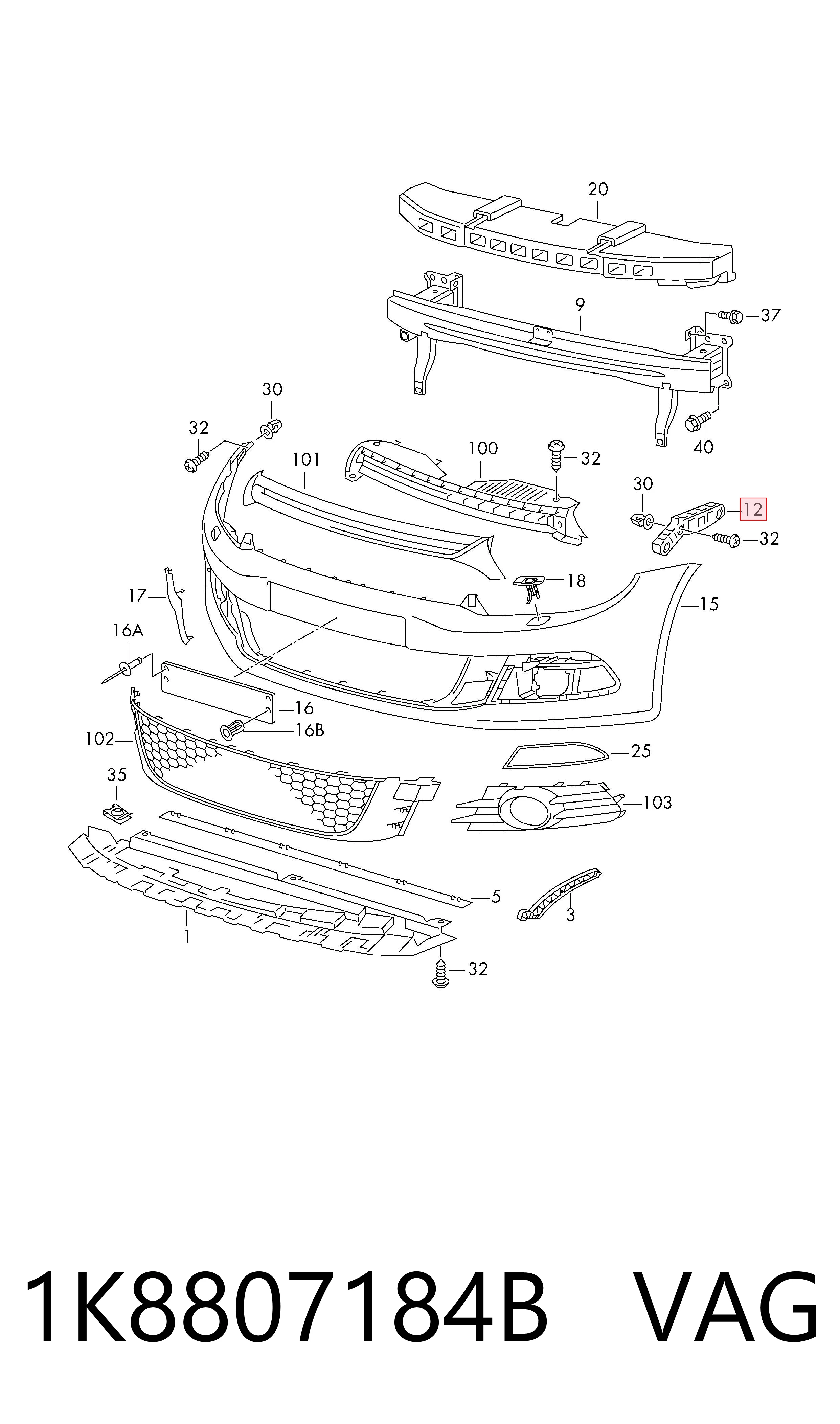 Soporte de parachoques delantero derecho 1K8807184B VAG