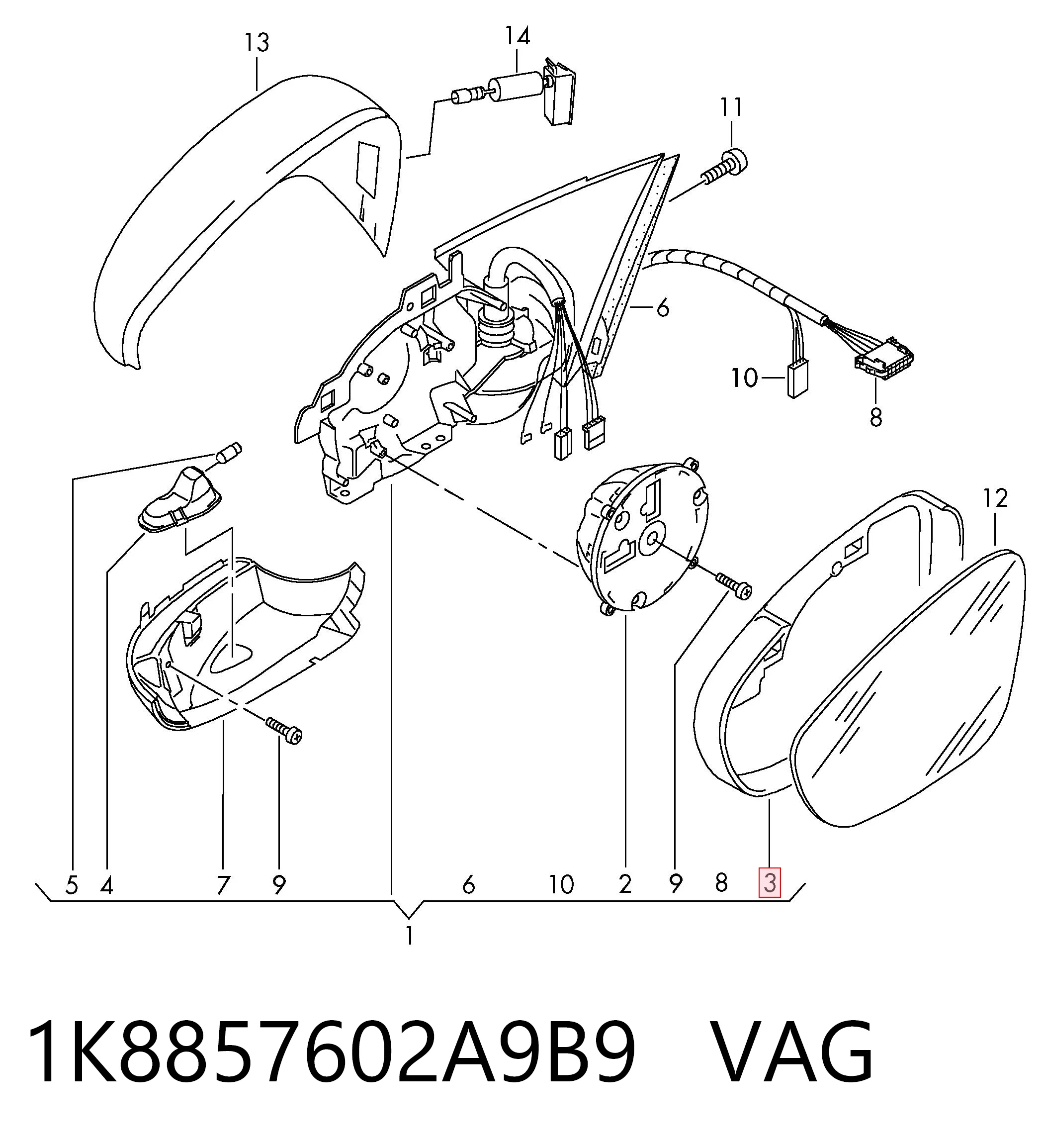 1K8857602A9B9 VAG Cubierta de espejo retrovisor derecho