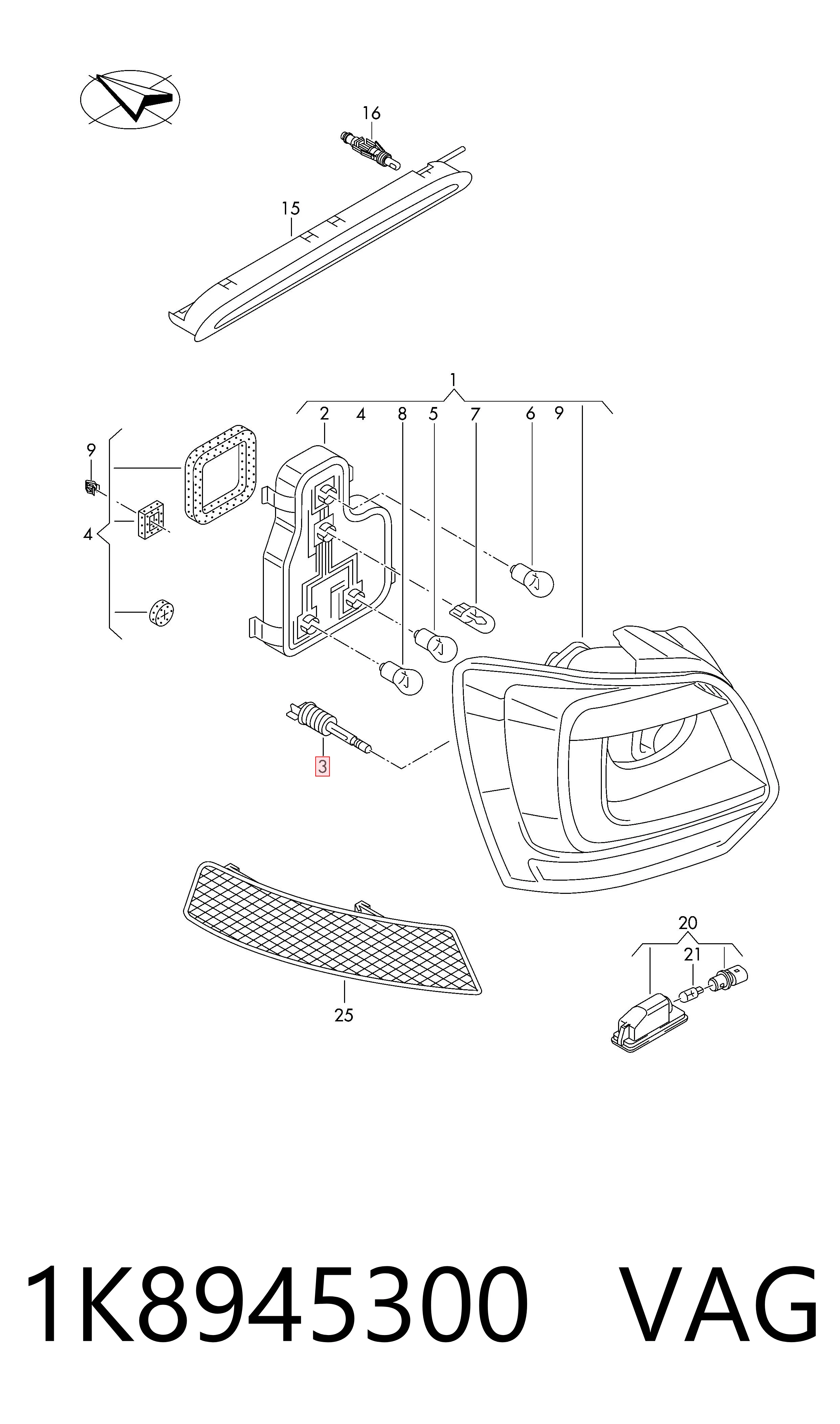 1K8945300 VAG Clip de sujeción de luz trasera
