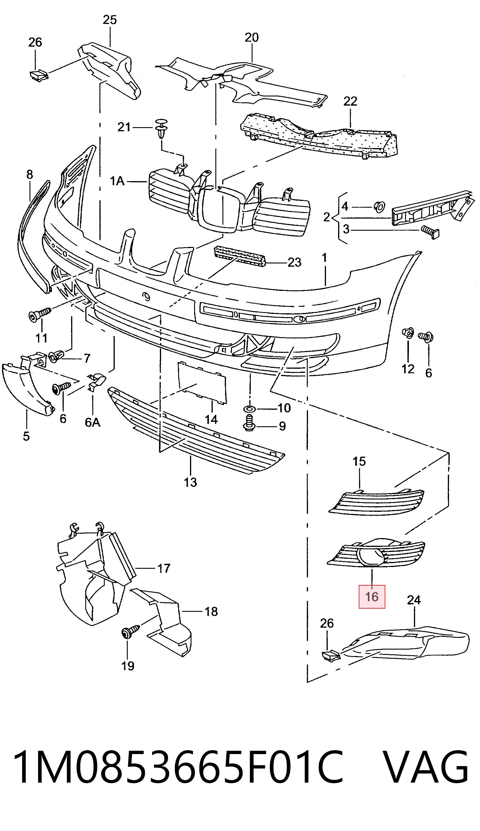 1M0853665F01C VAG Tapa de rejilla de faro antiniebla delantero izquierdo