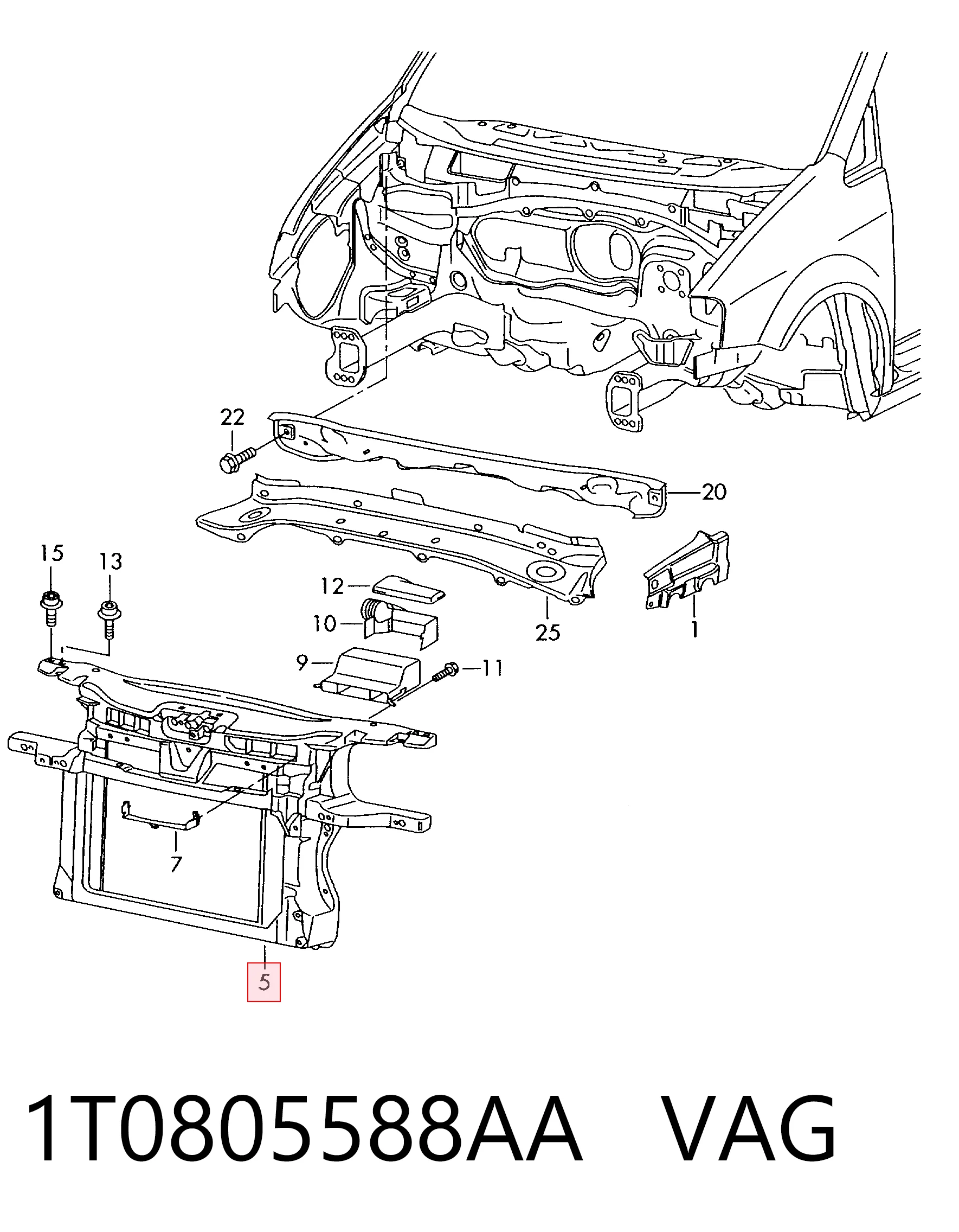1T0805588AA VAG Soporte de radiador completo (panel de montaje para foco)