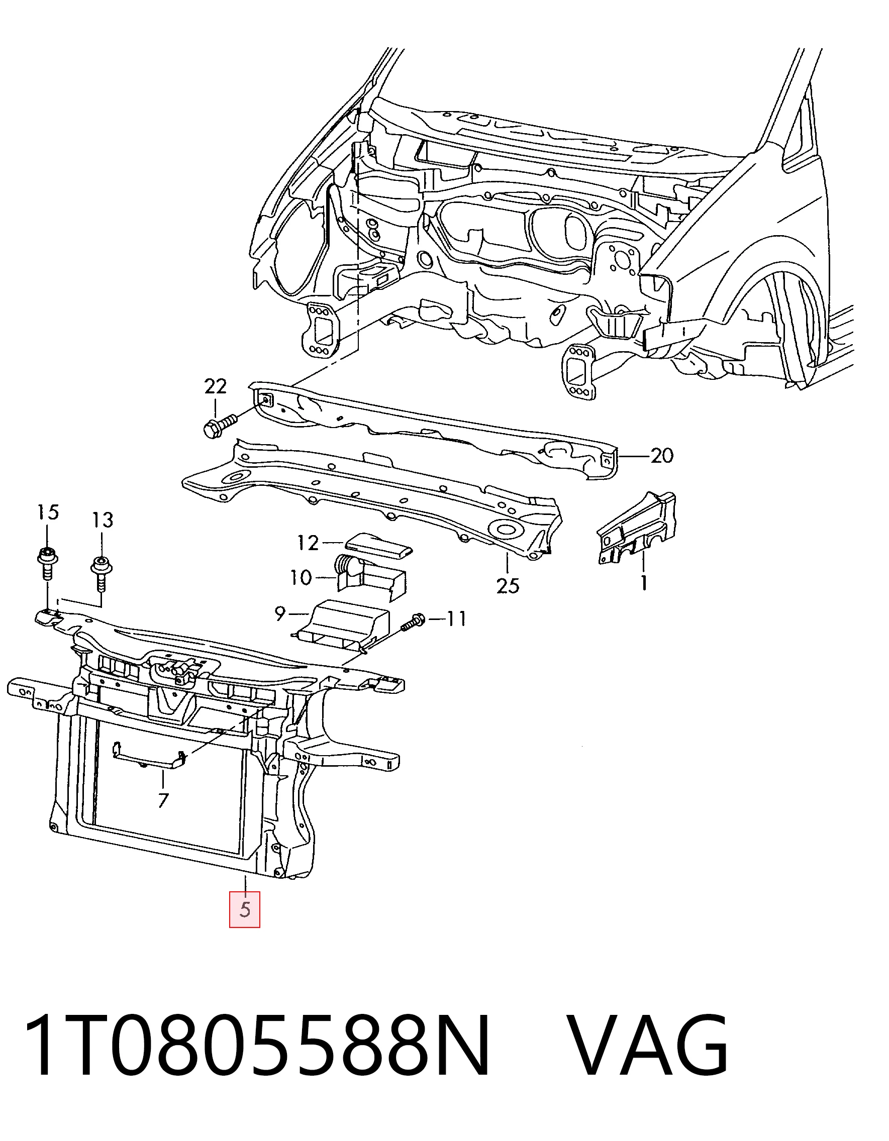 1T0805588N VAG Soporte de radiador completo (panel de montaje para foco)