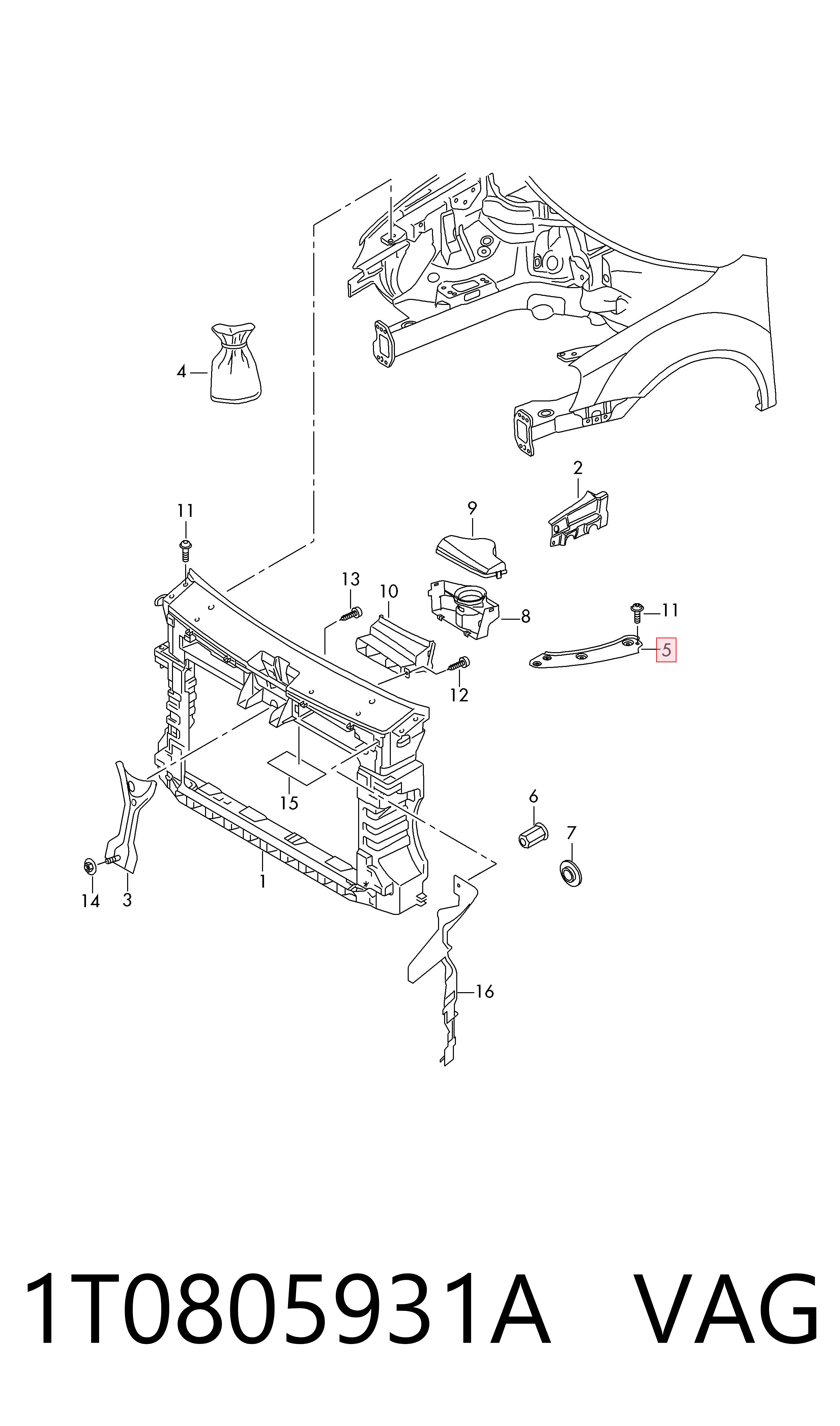 Soporte superior del marco del radiador 1T0805931A VAG
