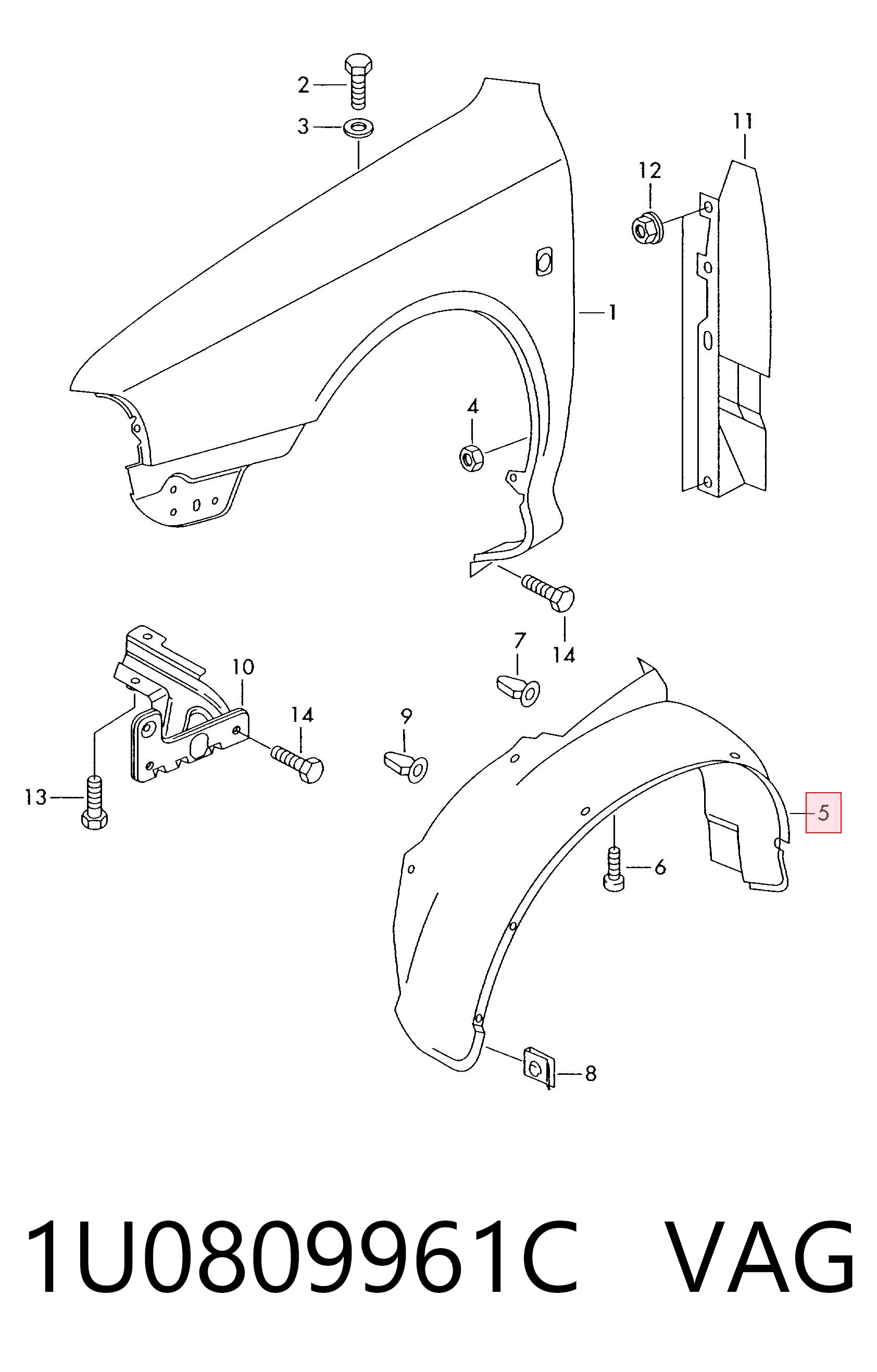 1U0809961C VAG Guardalodos interior izquierdo, guardafango delantero
