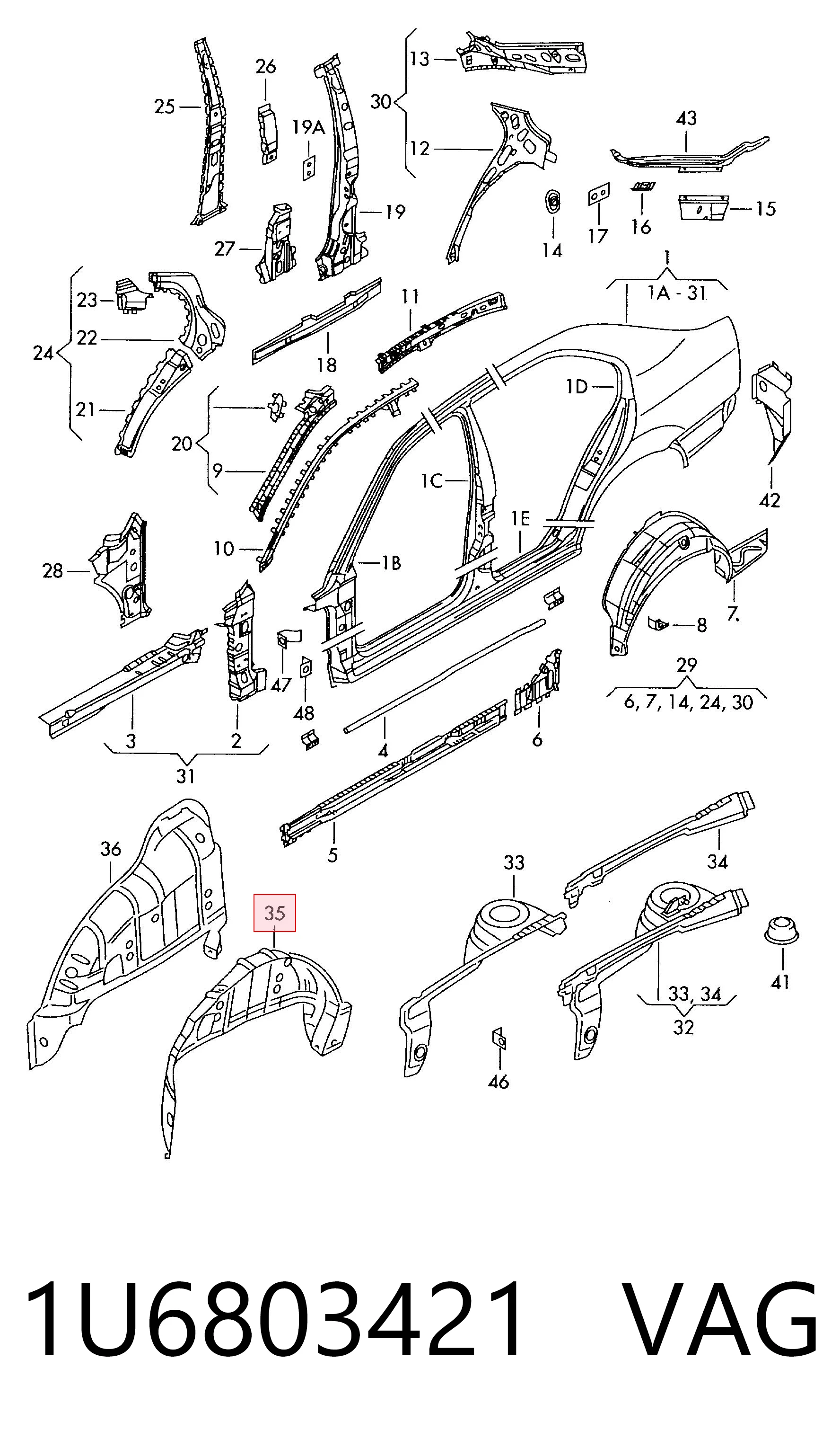 1U6803421 VAG Arco de guardabarros trasero izquierdo