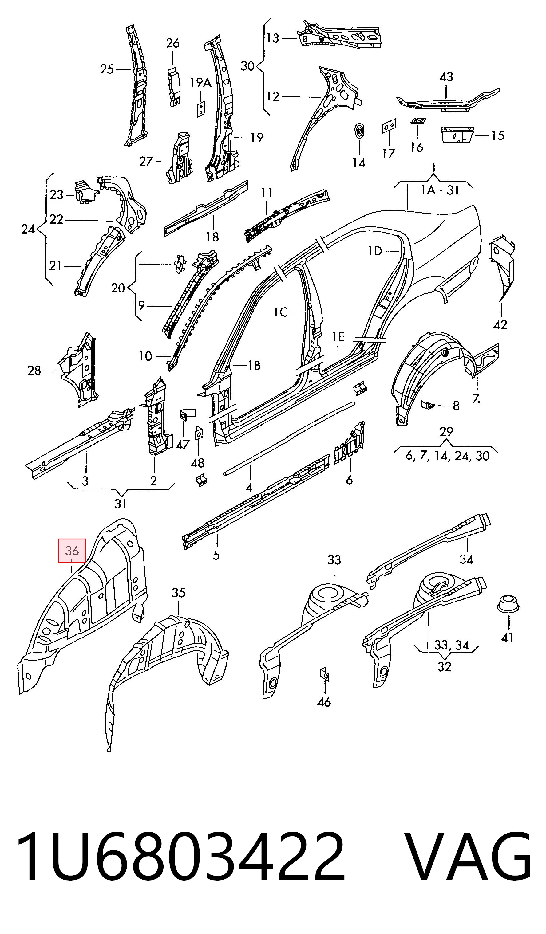 1U6803422 VAG Arco de guardabarros trasero izquierdo