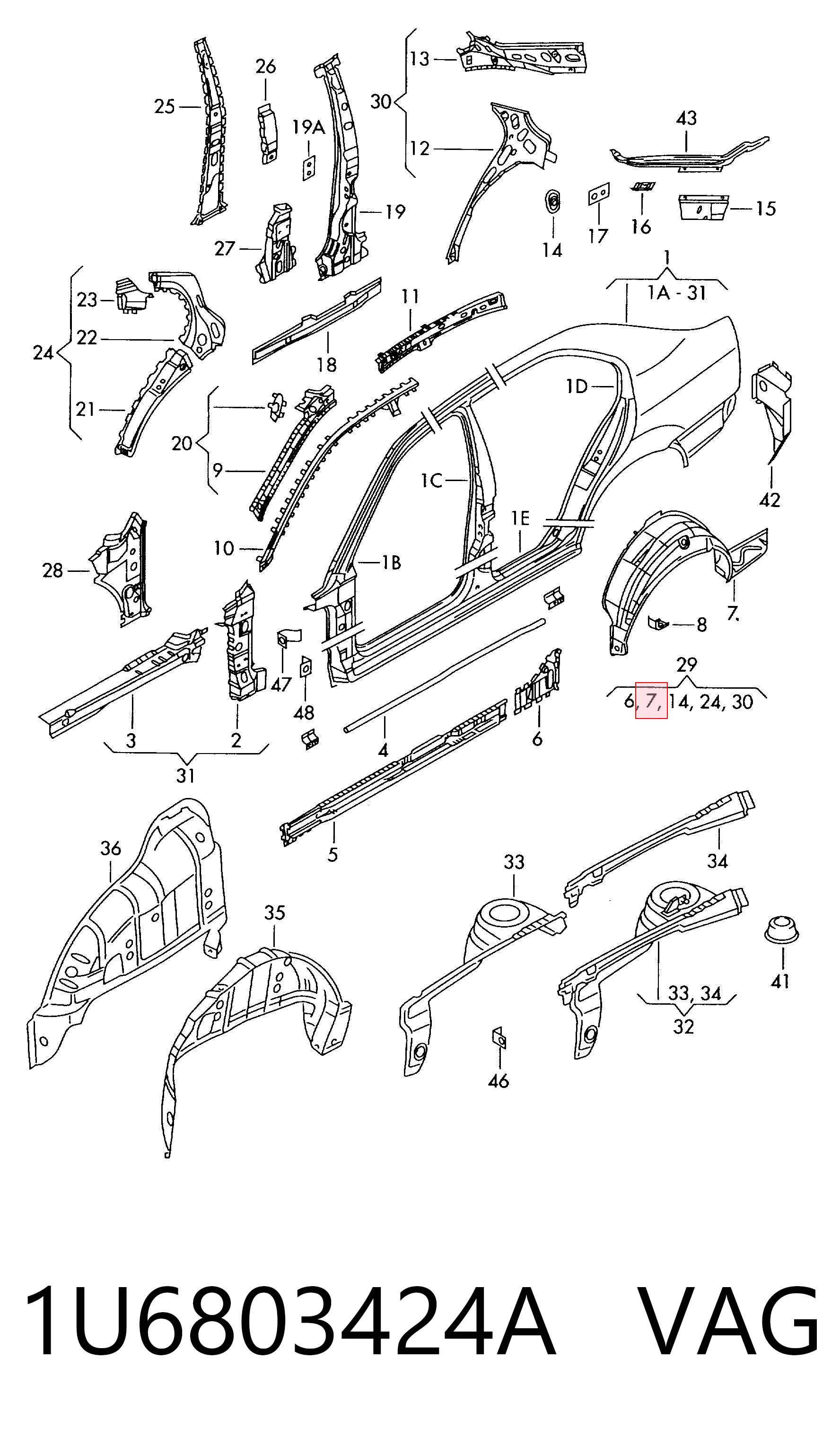 1U6803424A VAG Arco de guardabarros trasero derecho