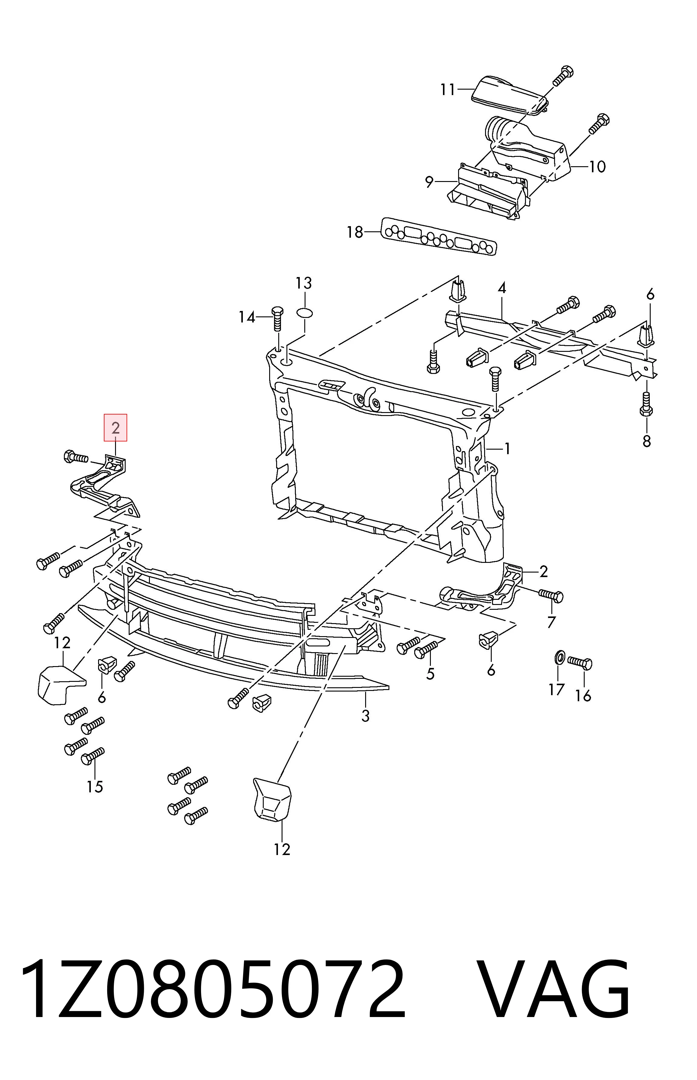 Soporte derecho del radiador (panel de montaje para faros) 1Z0805072 VAG