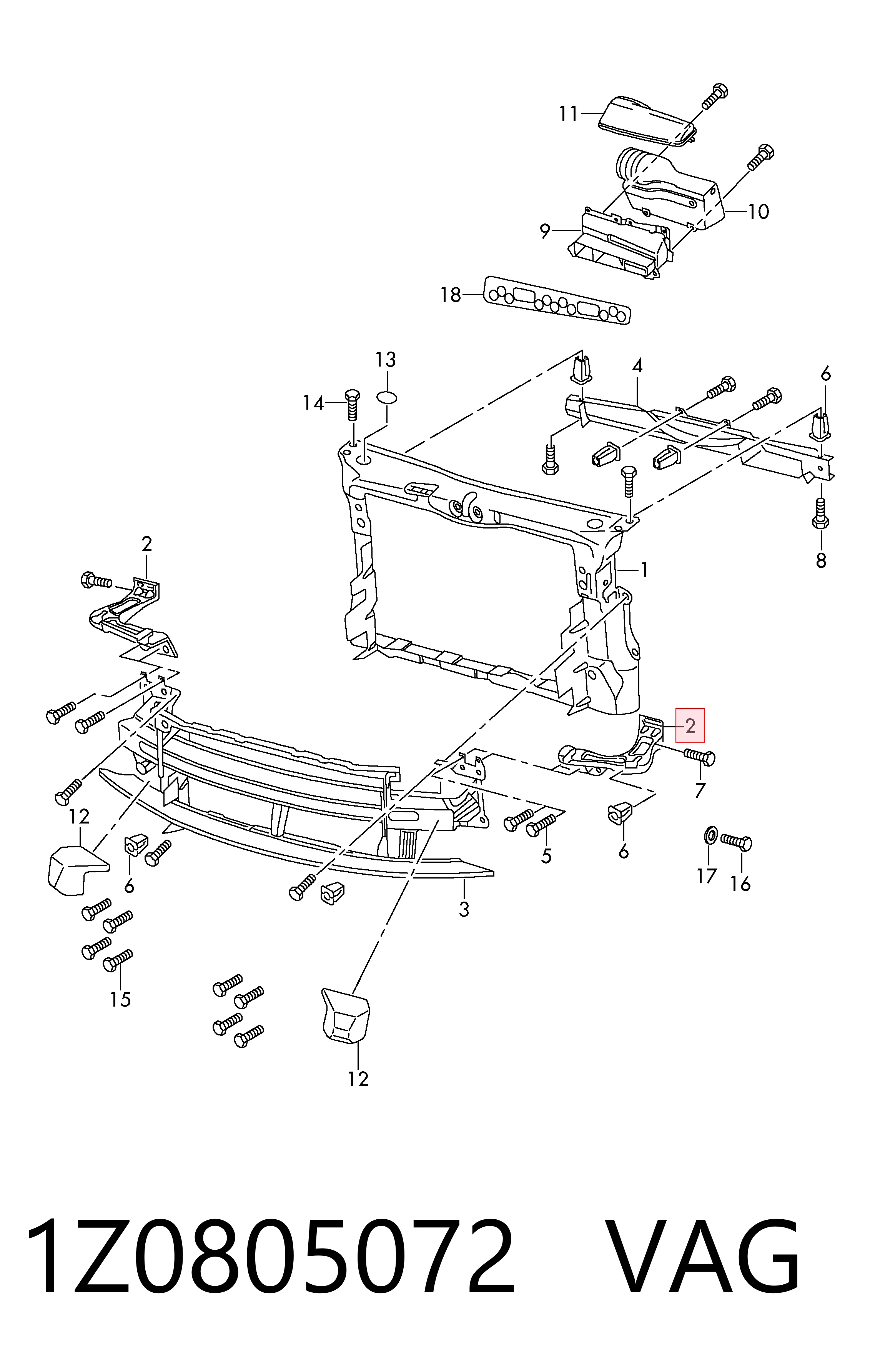 1Z0805072 VAG Soporte derecho del radiador (panel de montaje para faros)