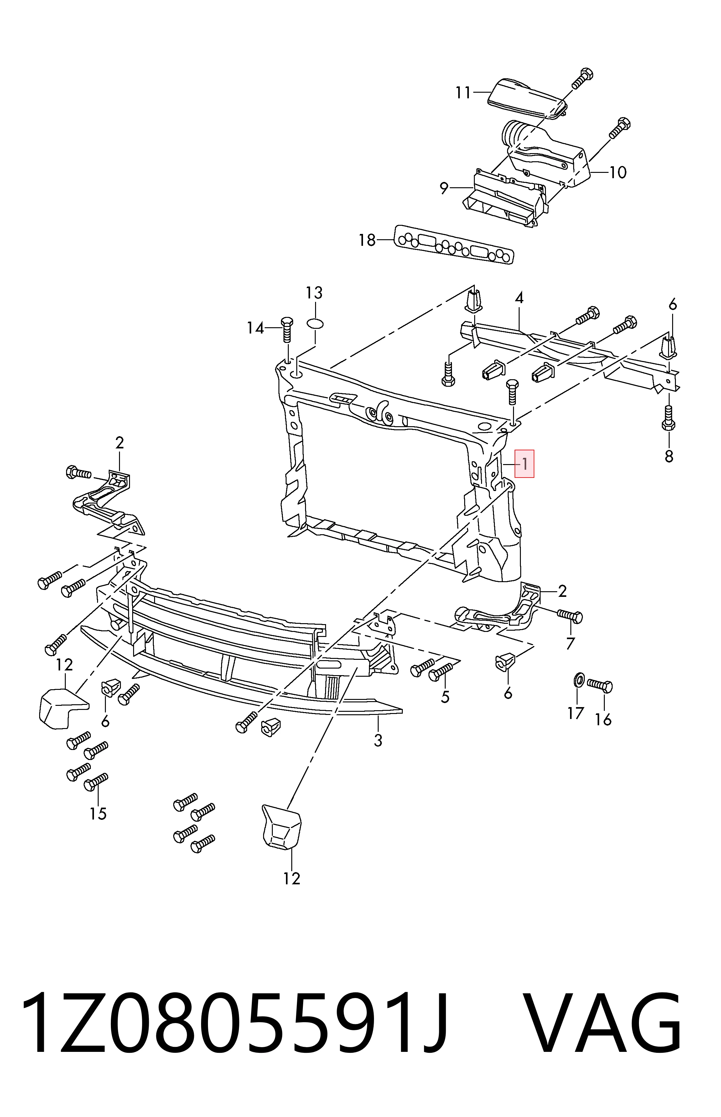 Panel de soporte del radiador y montaje de faros VAG 1Z0805591J precio, desde 78,19 EUR