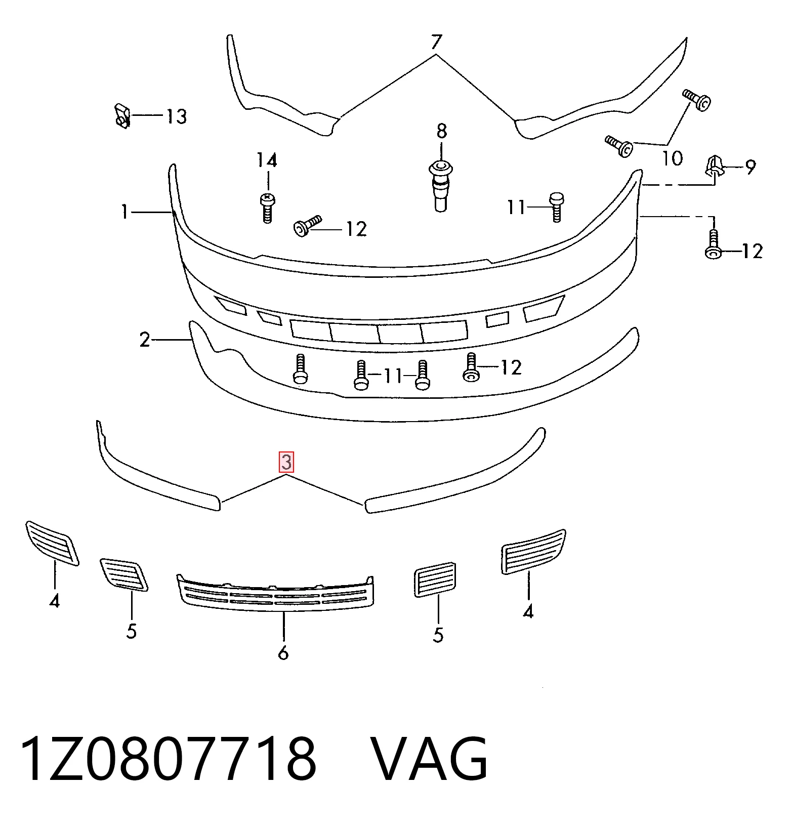 1Z0807718 VAG Moldura del parachoques delantero derecho