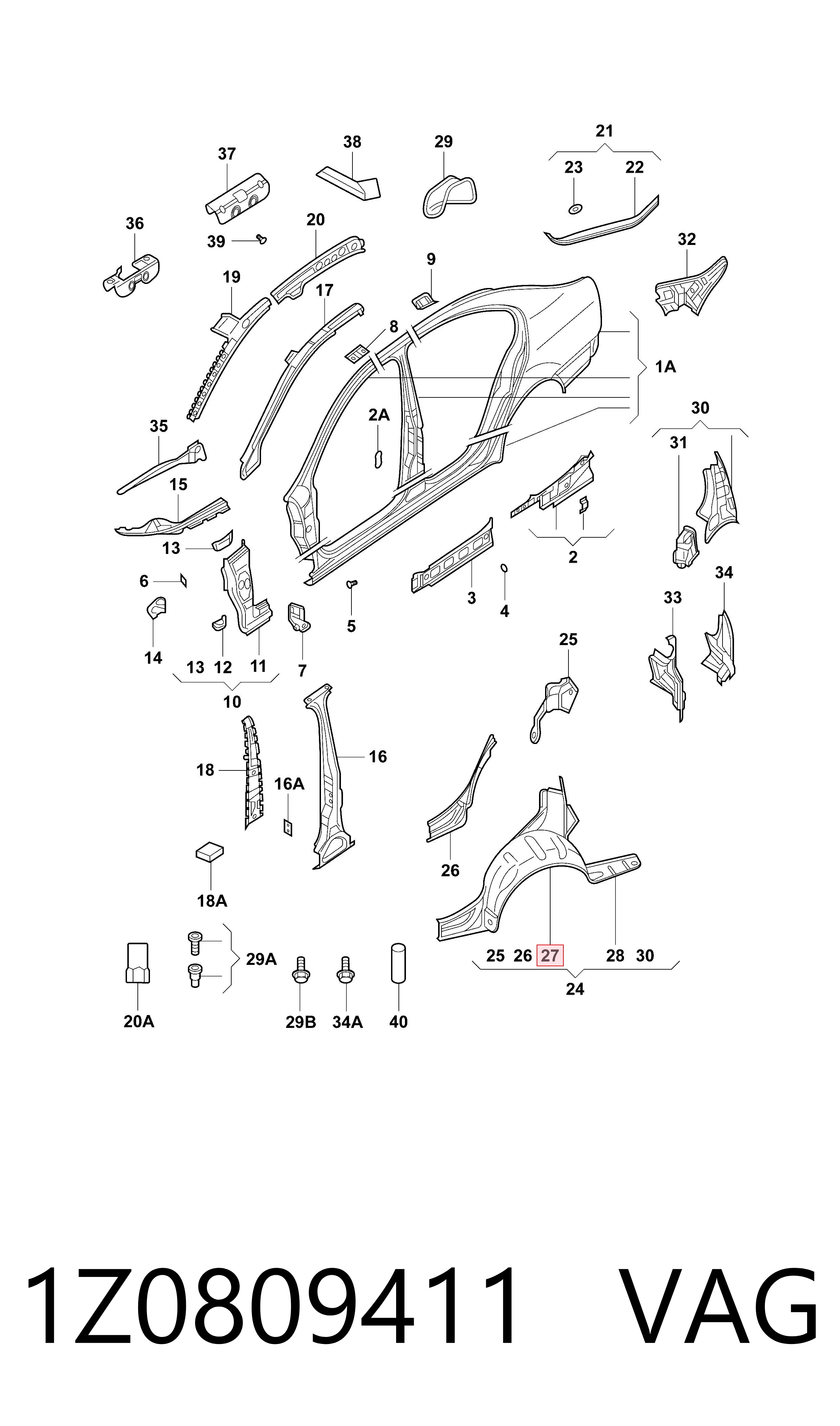 Arco de guardabarros trasero izquierdo 1Z0809411 VAG