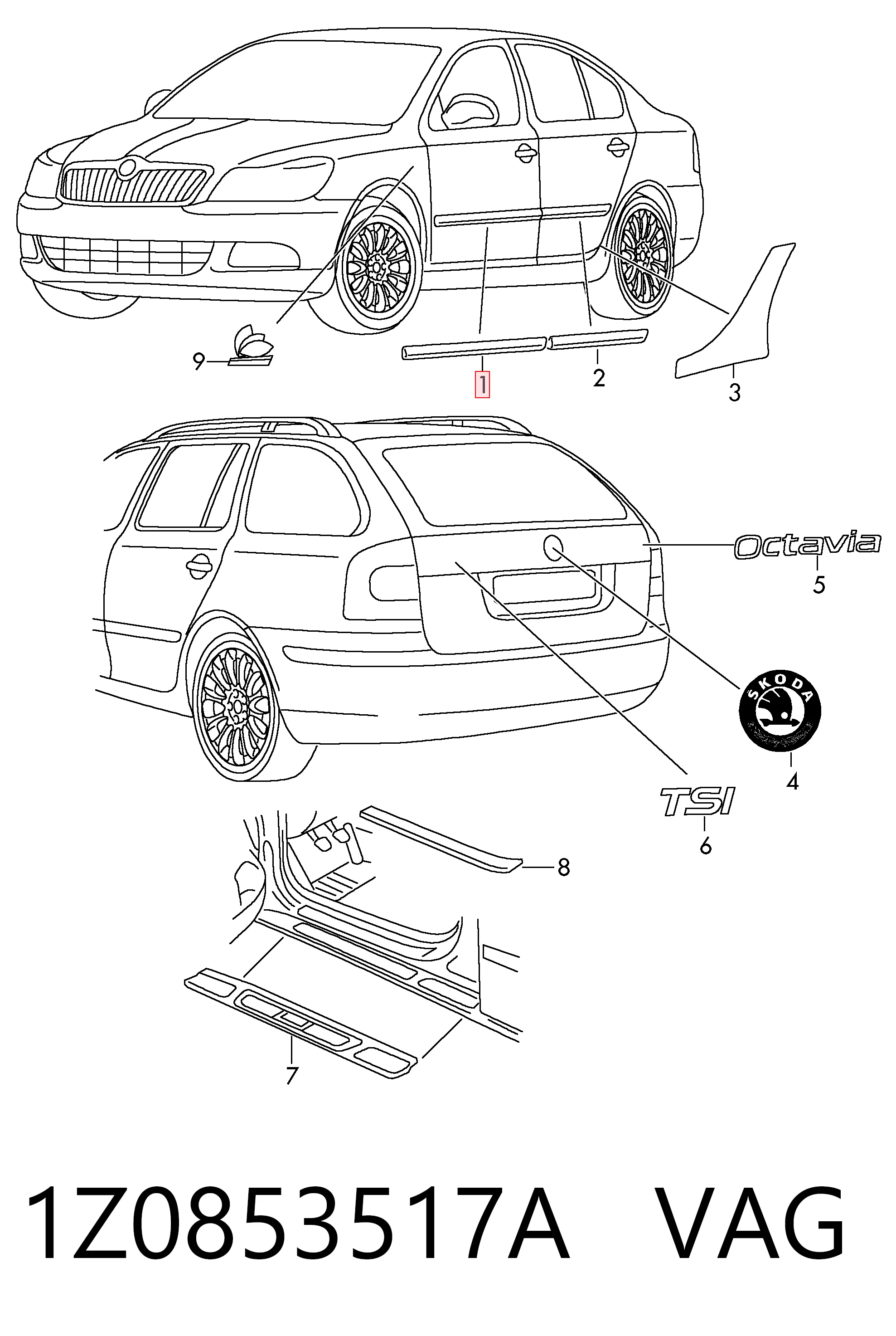 1Z0853517A VAG Listón embellecedor de puerta delantera izquierda 