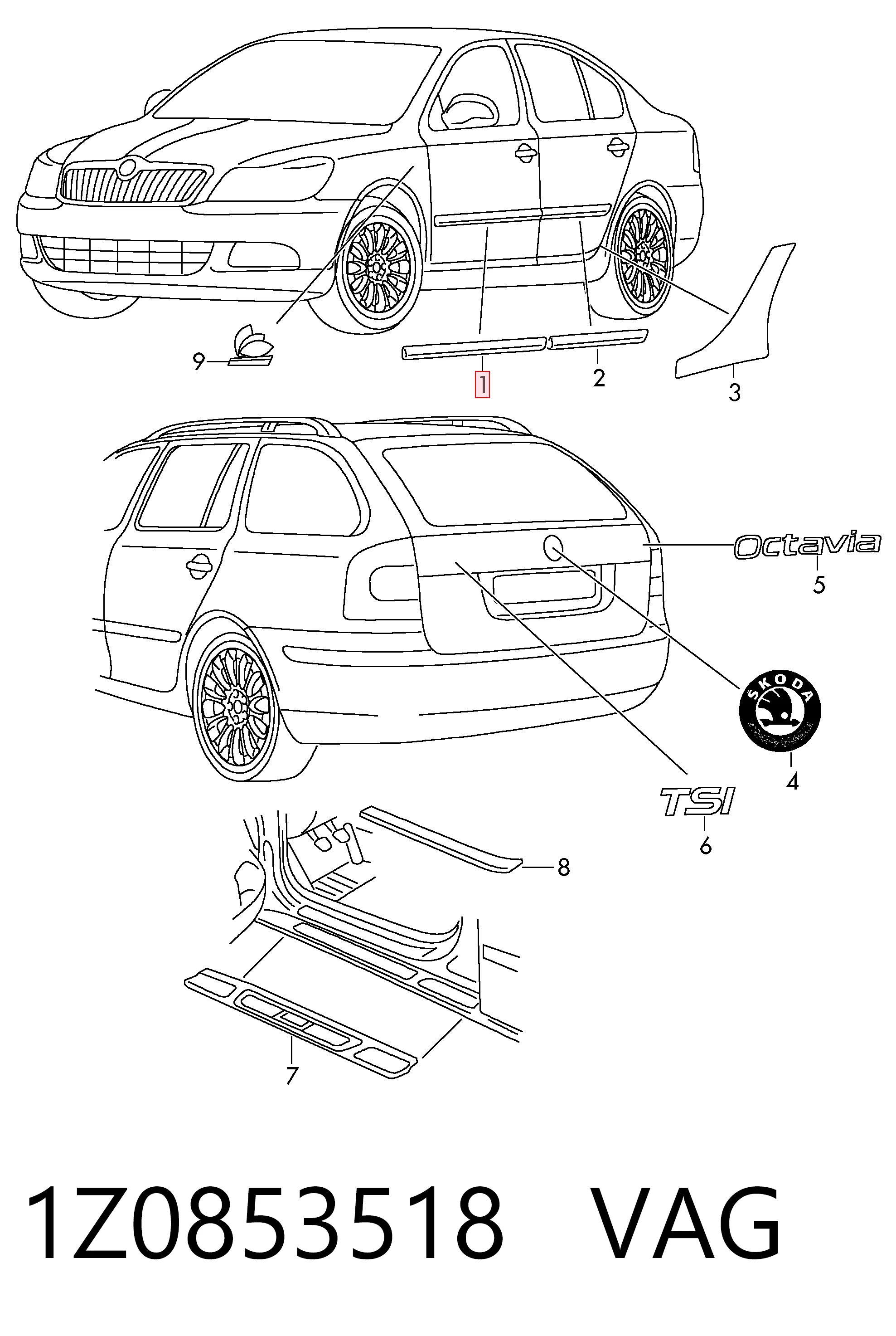 1Z0853518 VAG Listón embellecedor de puerta delantera derecha