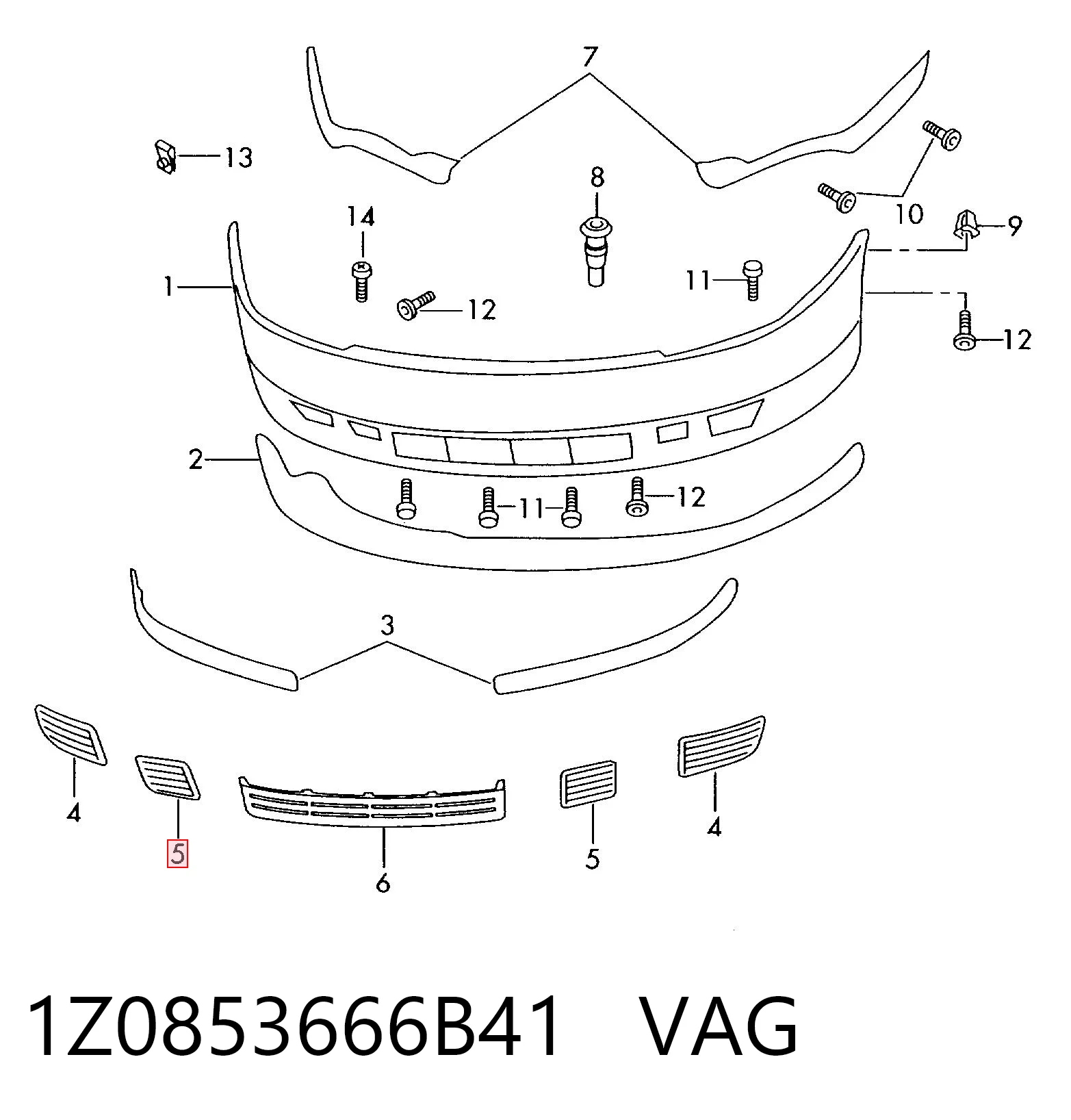 1Z0853666B41 VAG Rejilla derecha del parachoques delantero
