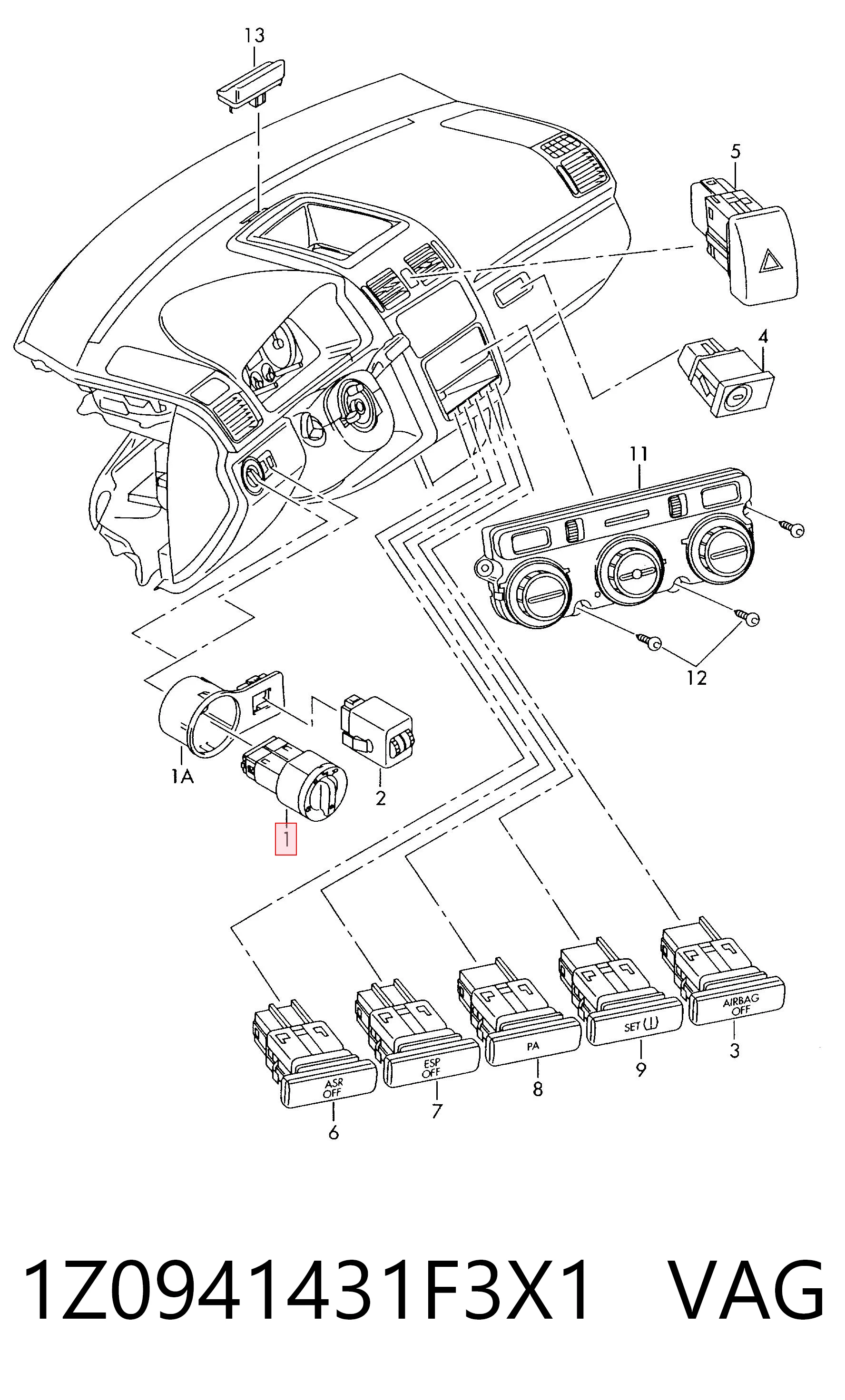 1Z0941431F3X1 VAG Interruptor de luces en el tablero