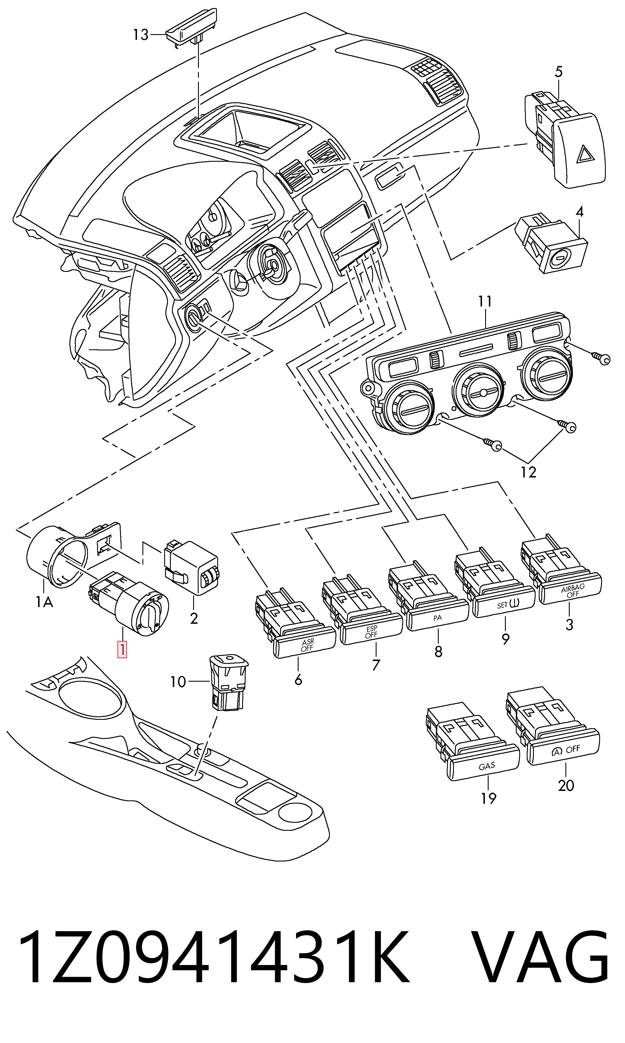 1Z0941431K VAG Interruptor de luces en el tablero