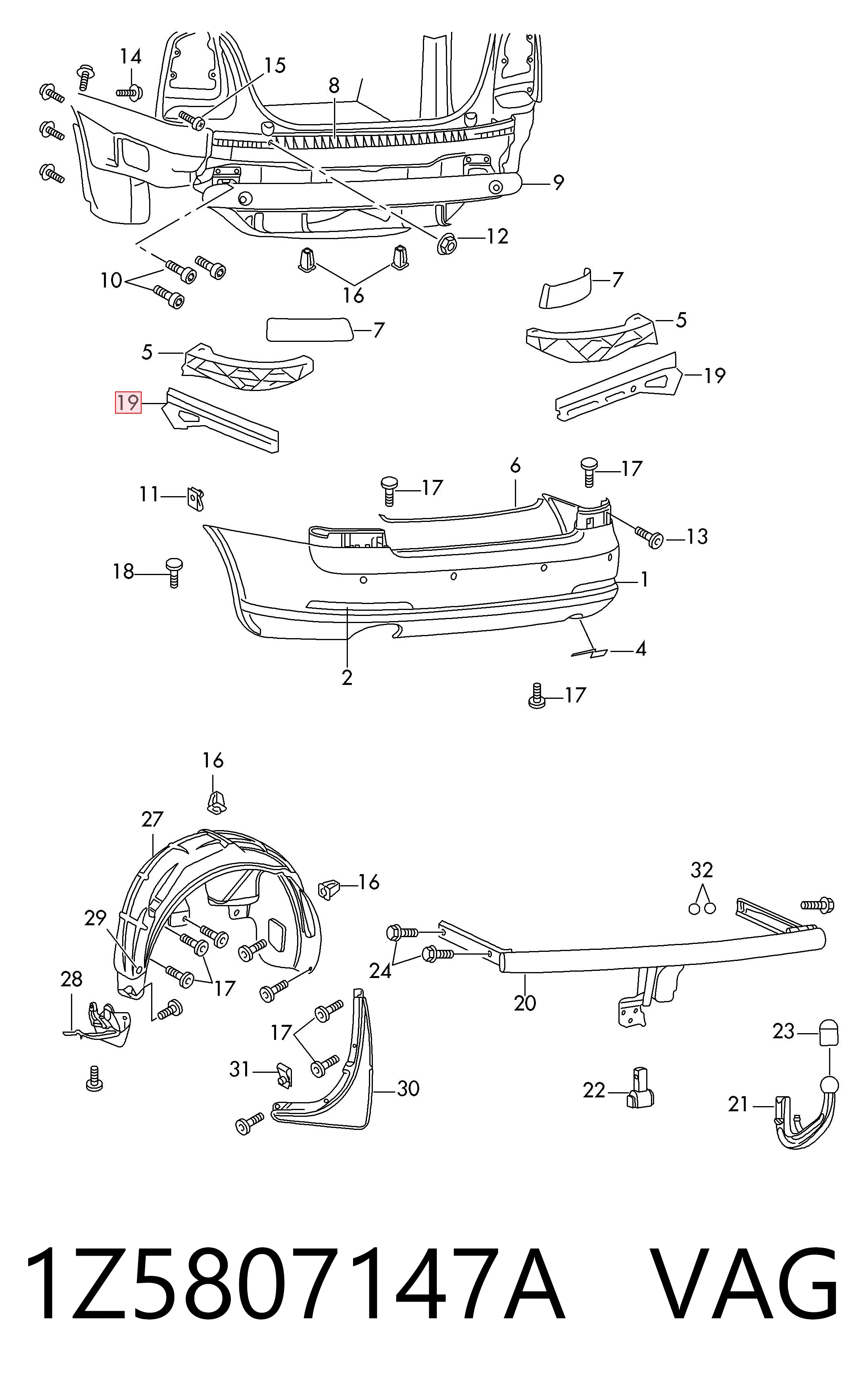 1Z5807147A VAG Soporte de parachoques trasero izquierdo