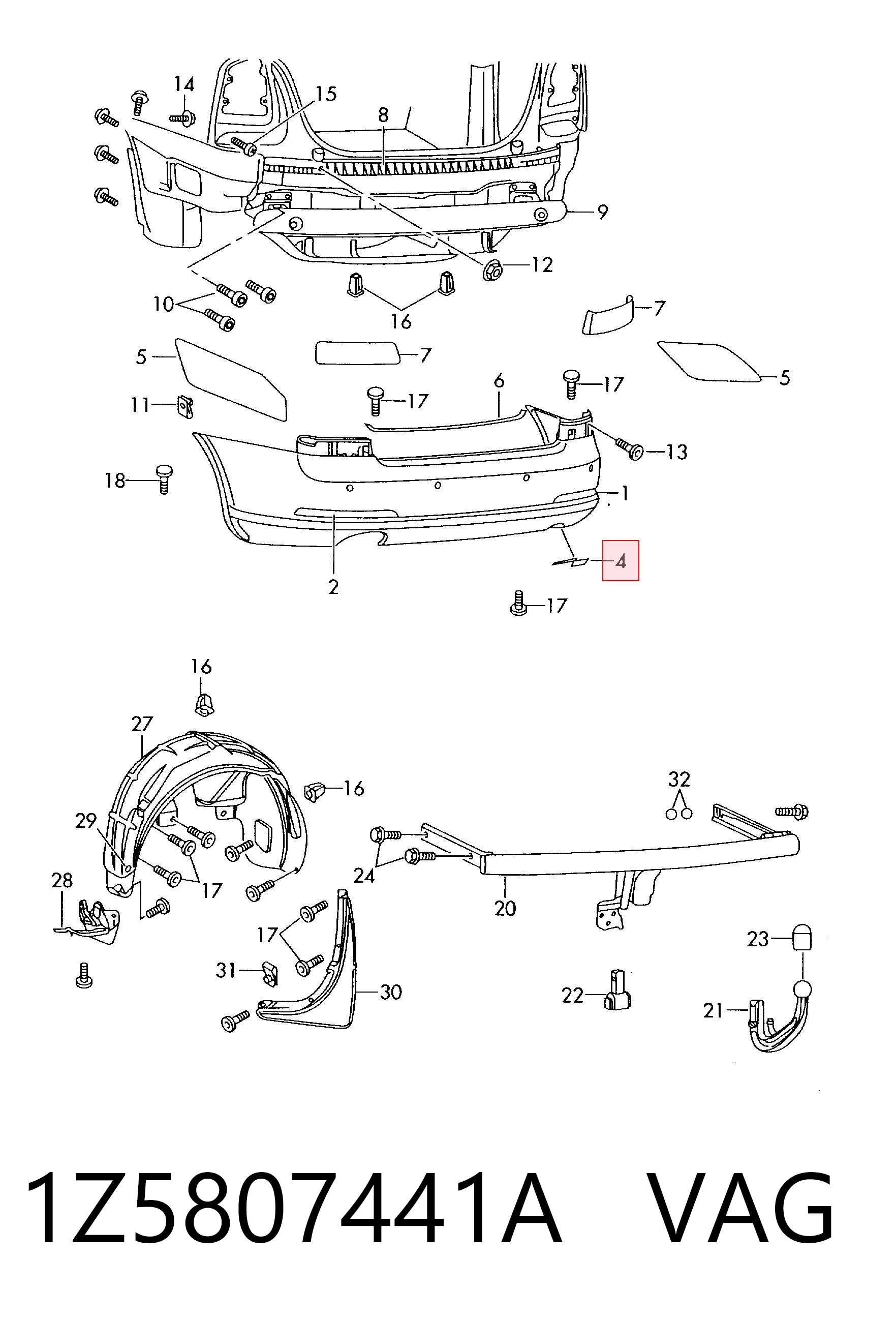1Z5807441A VAG Tapa de gancho de remolque trasero del parachoques