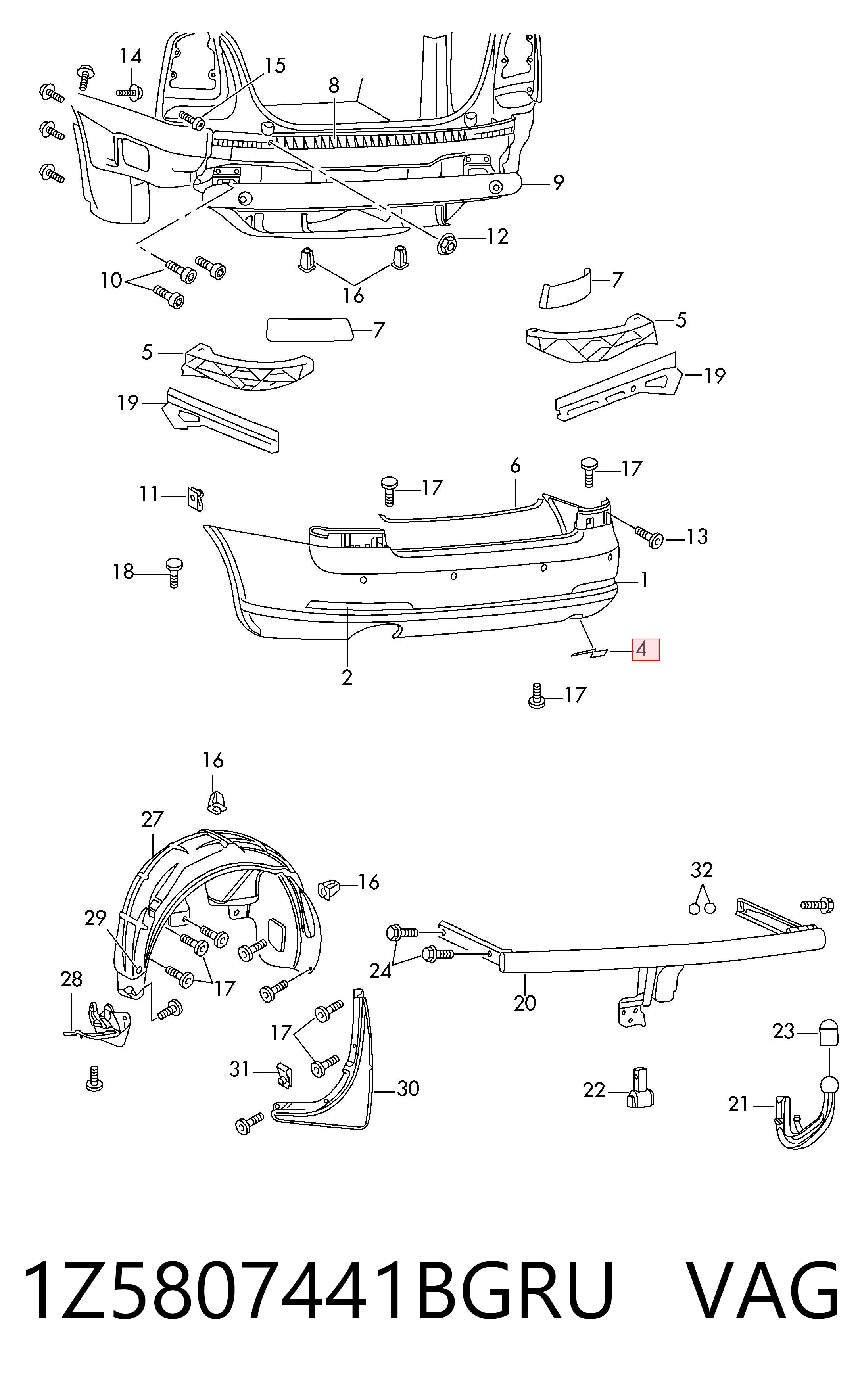 1Z5807441BGRU VAG Tapa de gancho de remolque trasero del parachoques