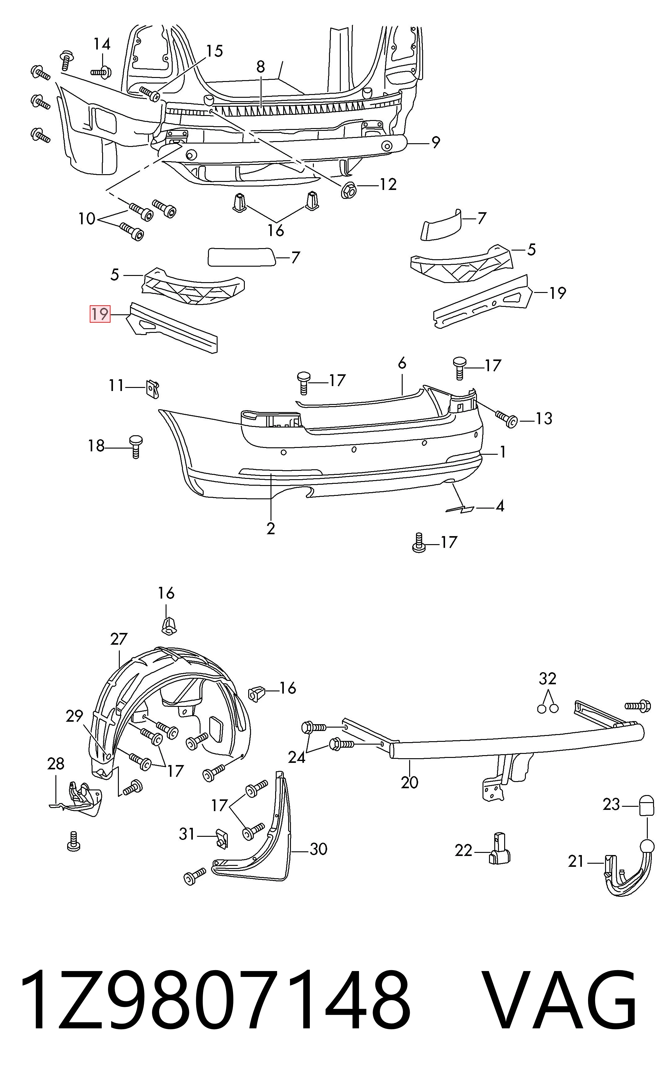 1Z9807148 VAG Soporte del paragolpes trasero derecho