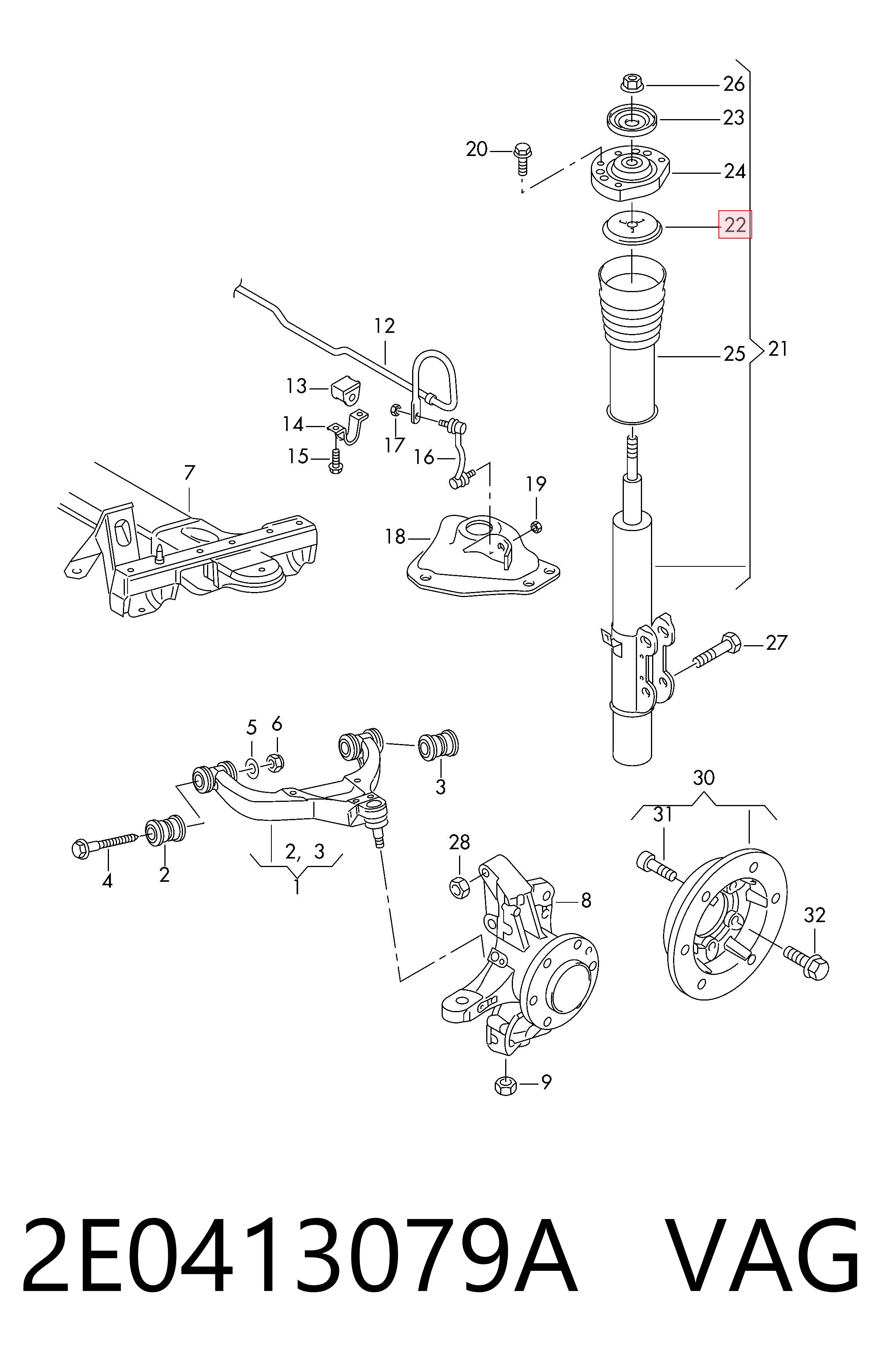 2E0413079A VAG Soporte del amortiguador delantero