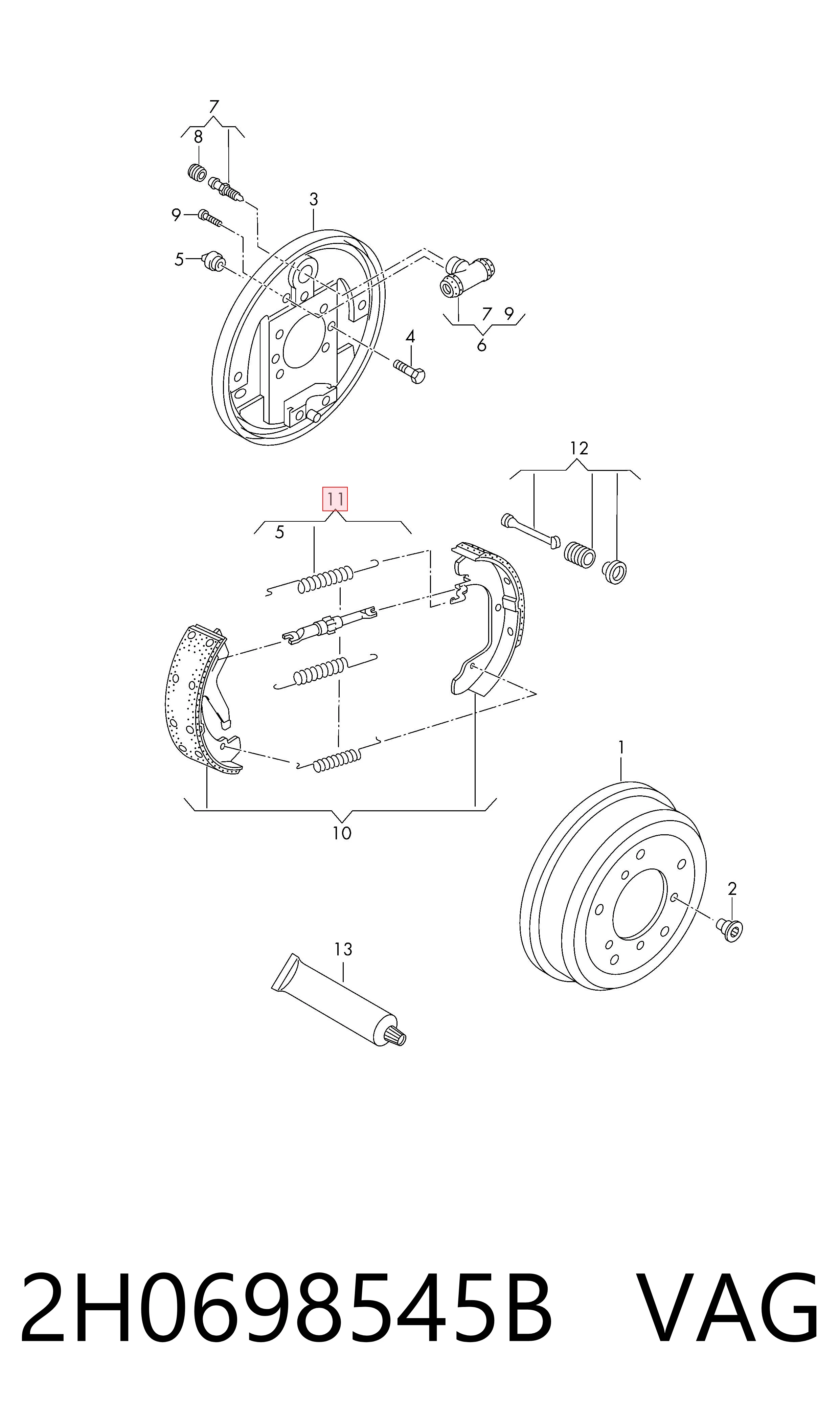 2H0698545B VAG Kit de montaje de zapatas de freno traseras