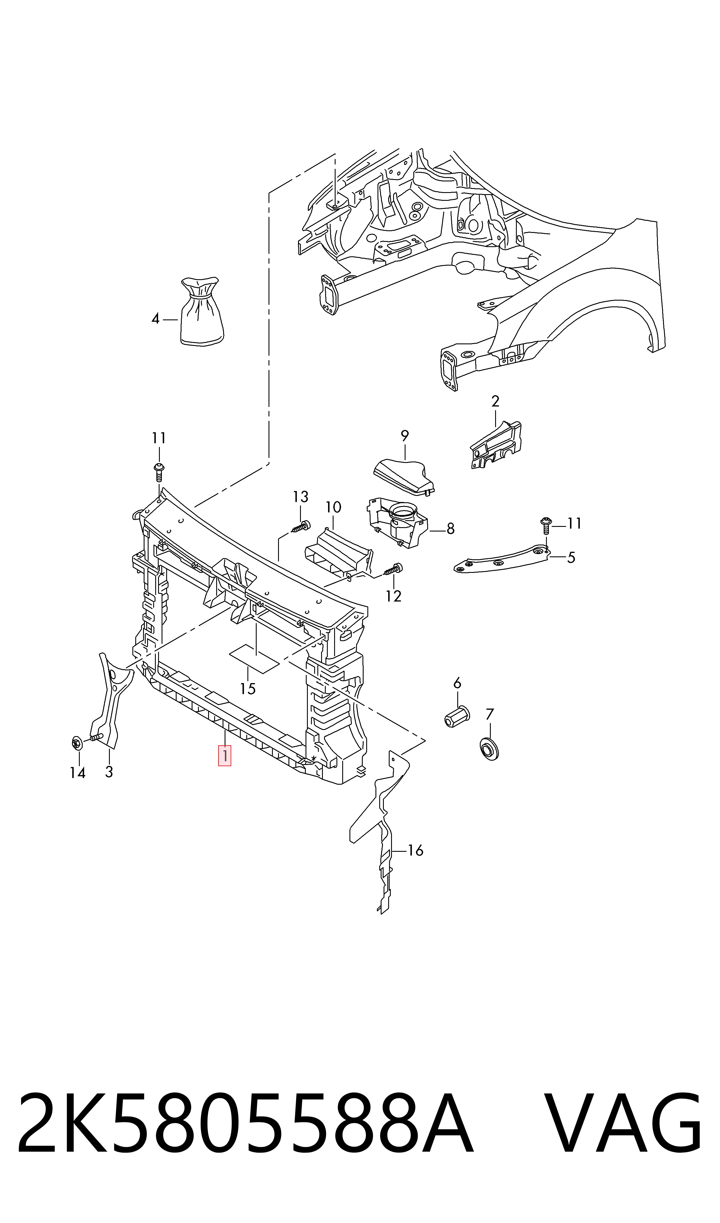 2K5805588A VAG Soporte de radiador completo (panel de montaje para foco)
