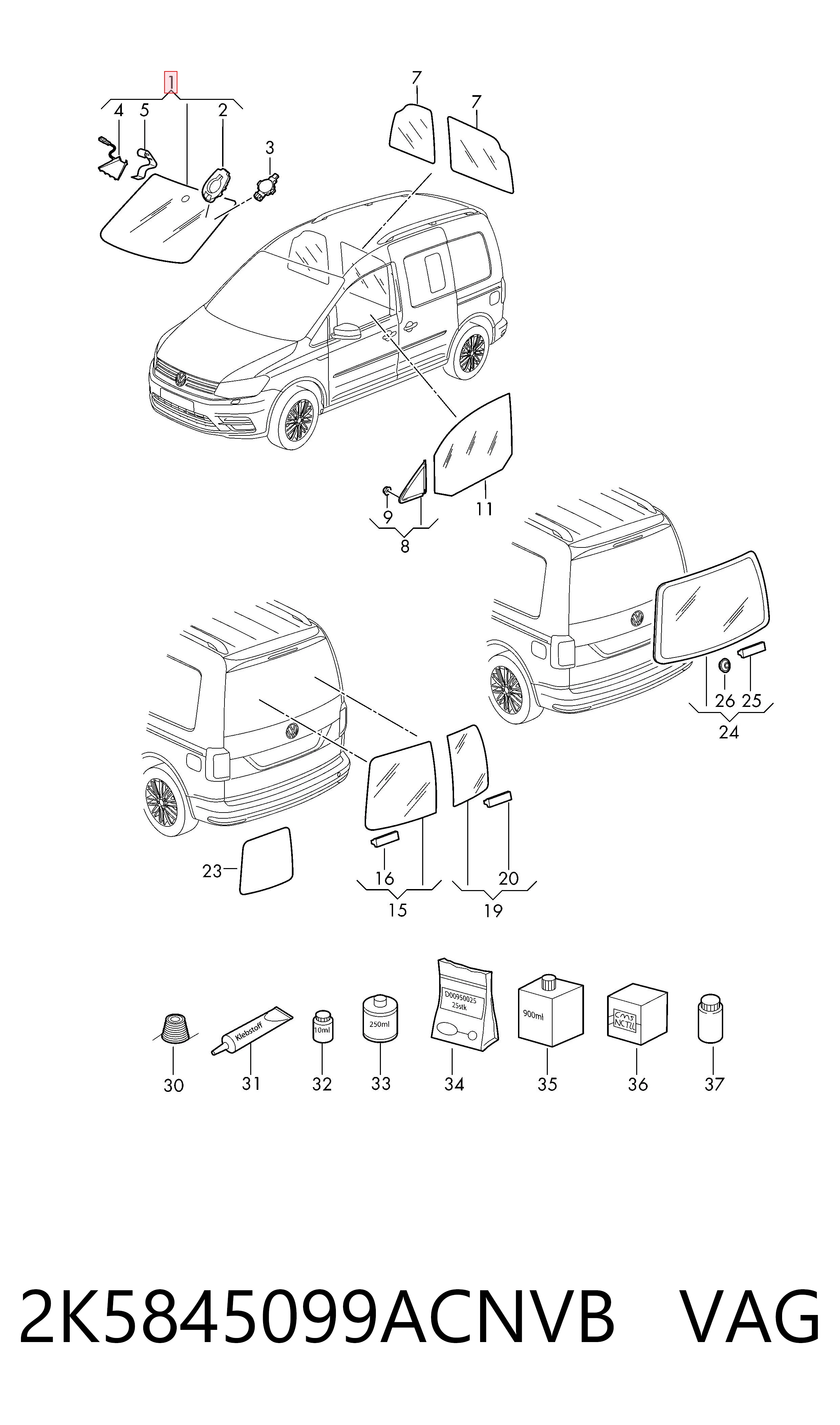 Parabrisas para Volkswagen Caddy SAB, SAJ