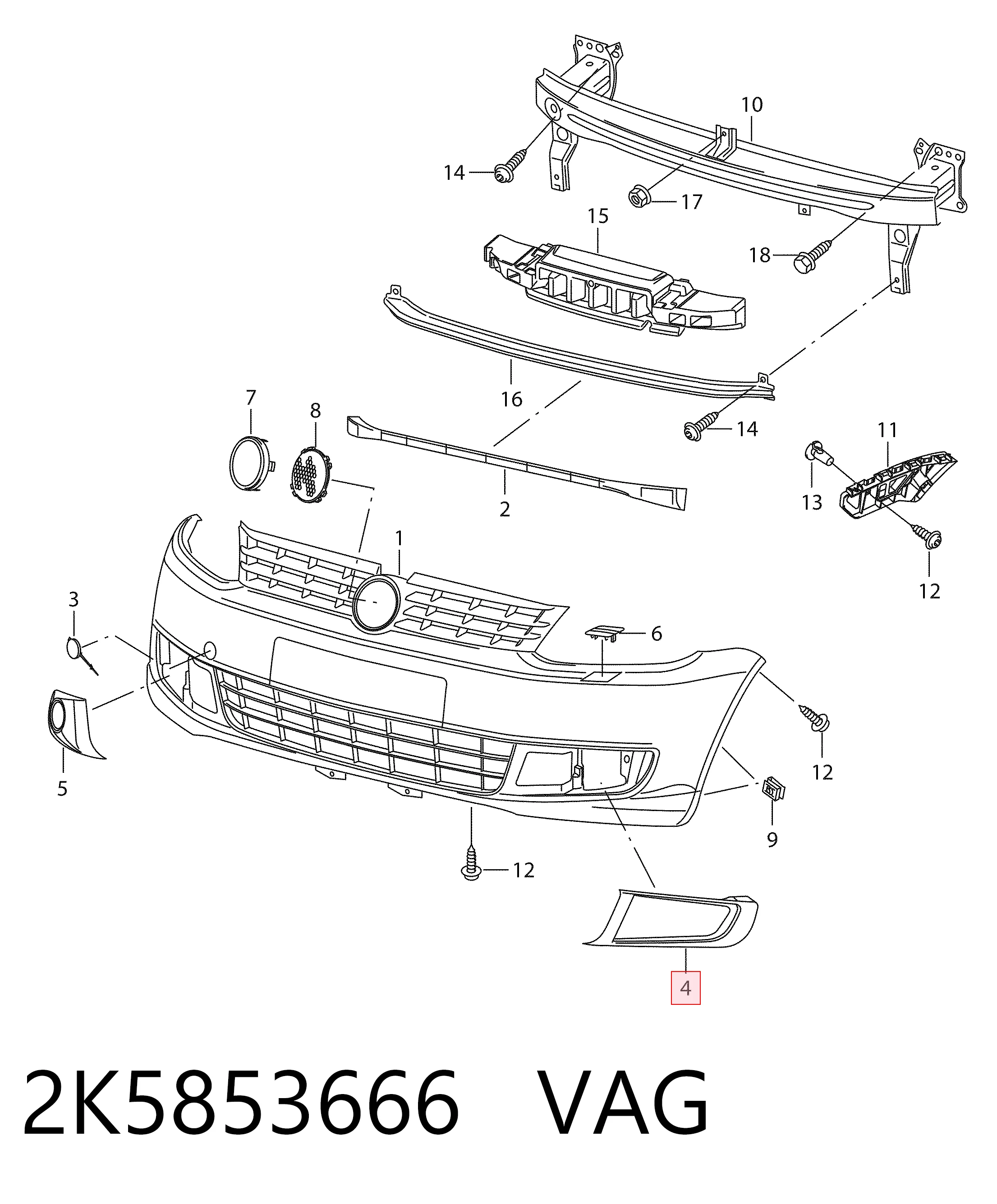 2K5853666 VAG Tapa de rejilla de faro antiniebla delantero derecho
